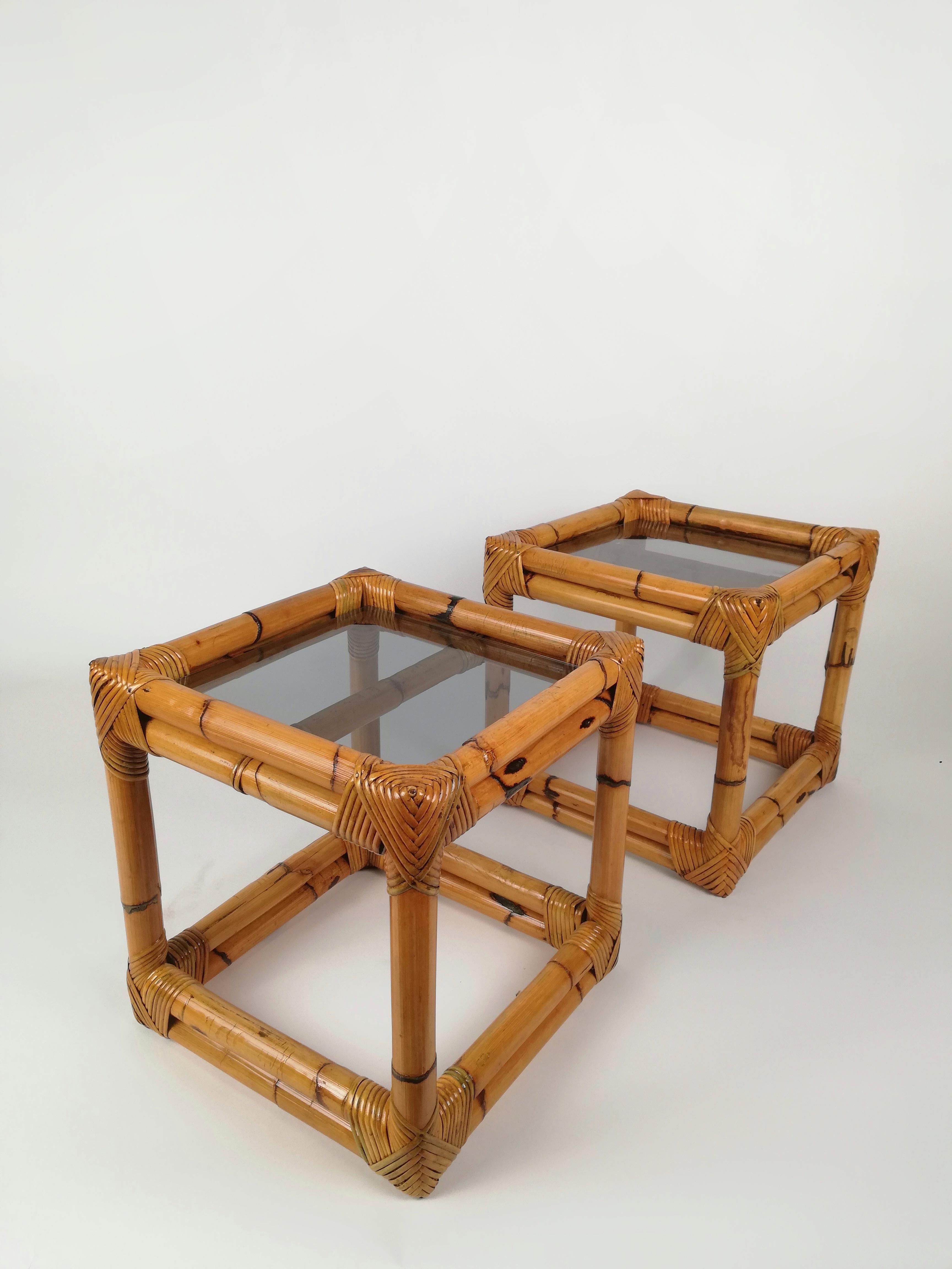 Italian Vintage Bamboo, Rattan & Smoked Glass Side Tables, Italy, 1970s
