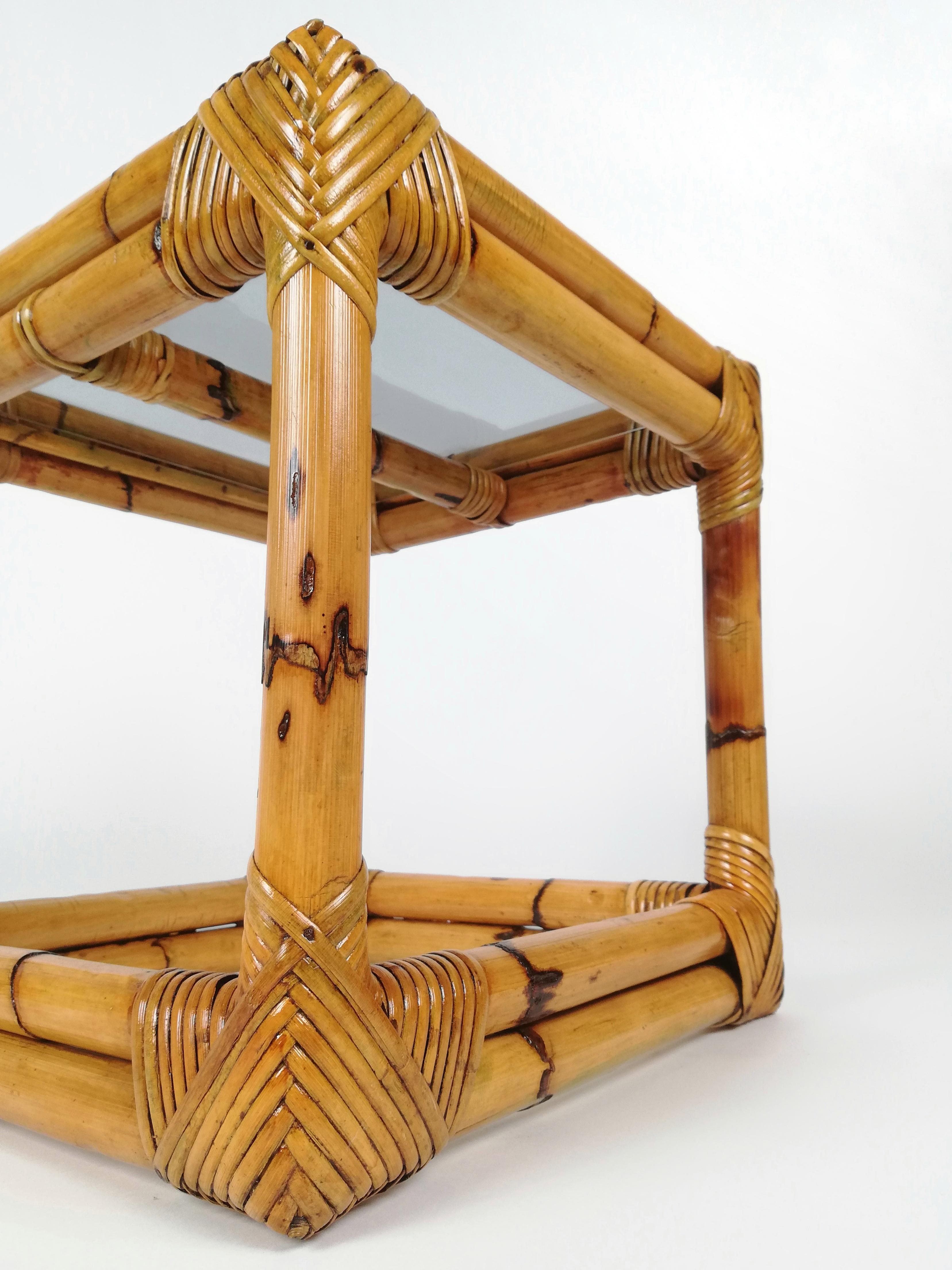 Vintage Bamboo, Rattan & Smoked Glass Side Tables, Italy, 1970s 2