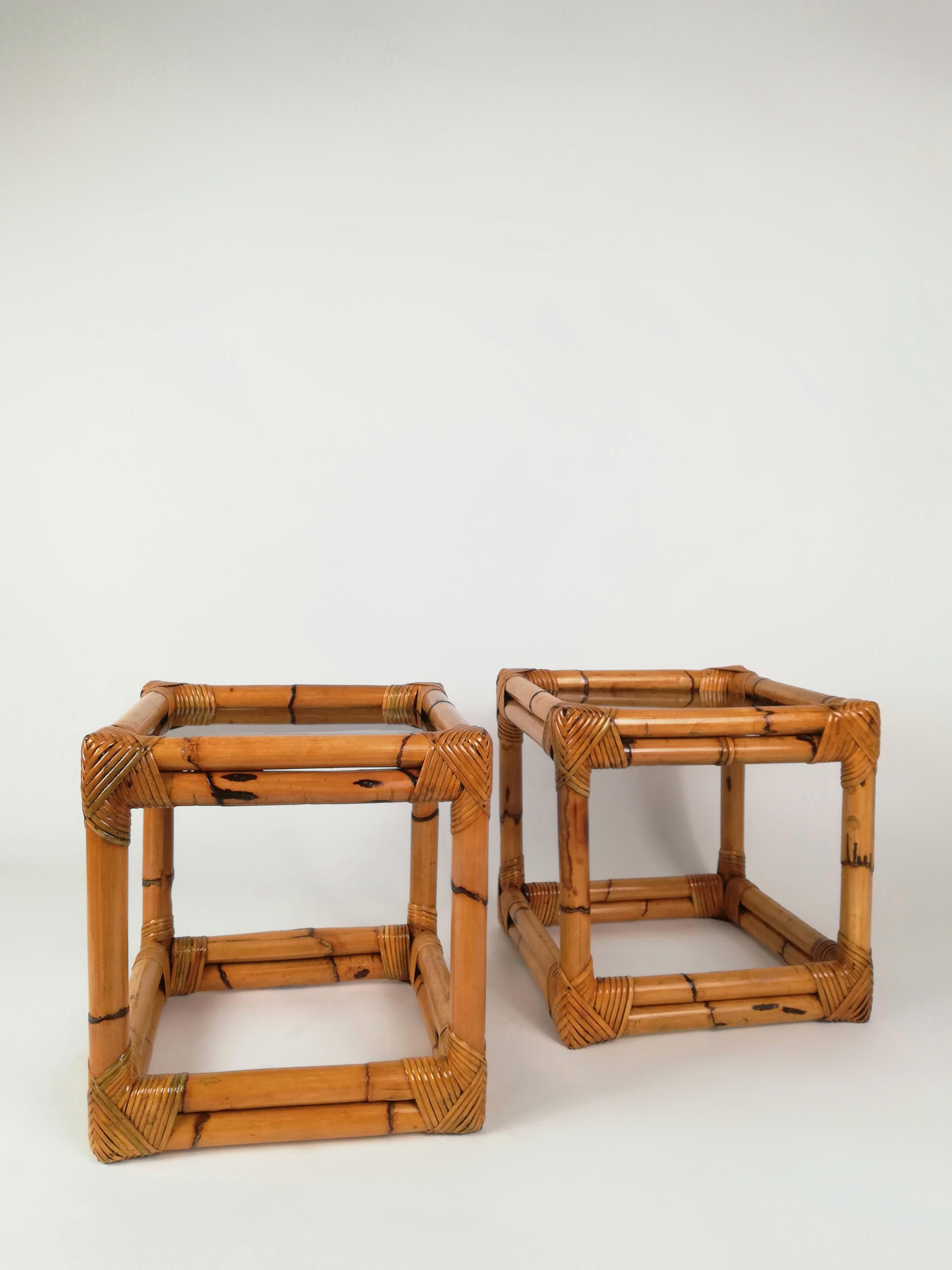 Vintage Bamboo, Rattan & Smoked Glass Side Tables, Italy, 1970s 3