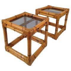 Vintage Bamboo, Rattan 
Smoked Glass Side Tables, Italy, 1970s