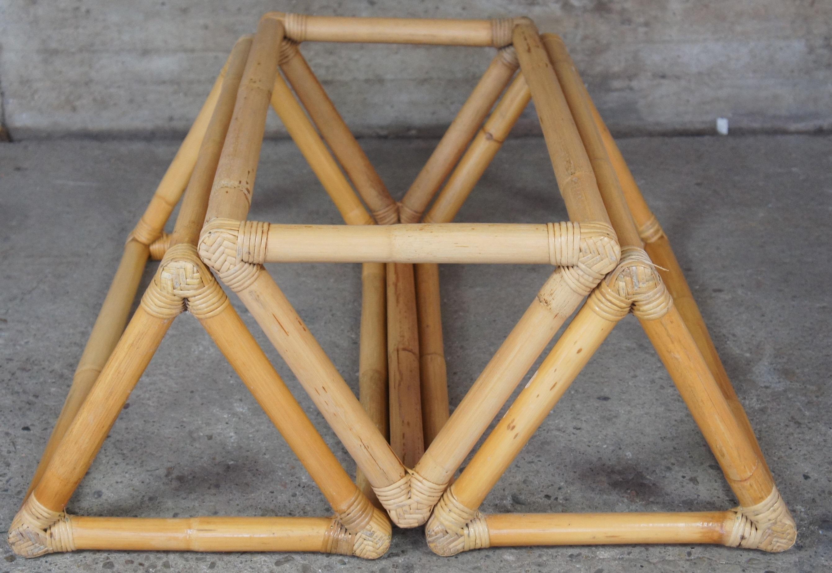 Vintage Bamboo & Rattan Triangular Hexagon Modular Base Table w Round Glass MCM  5