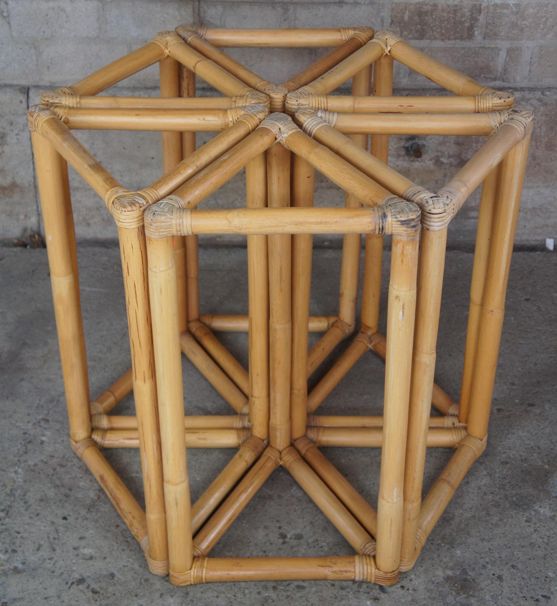 Vintage Bamboo & Rattan Triangular Hexagon Modular Base Table w Round Glass MCM  In Good Condition In Dayton, OH