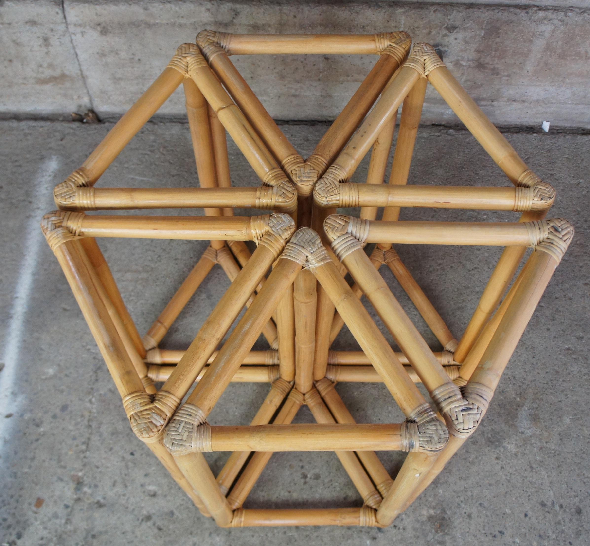 20th Century Vintage Bamboo & Rattan Triangular Hexagon Modular Base Table w Round Glass MCM 