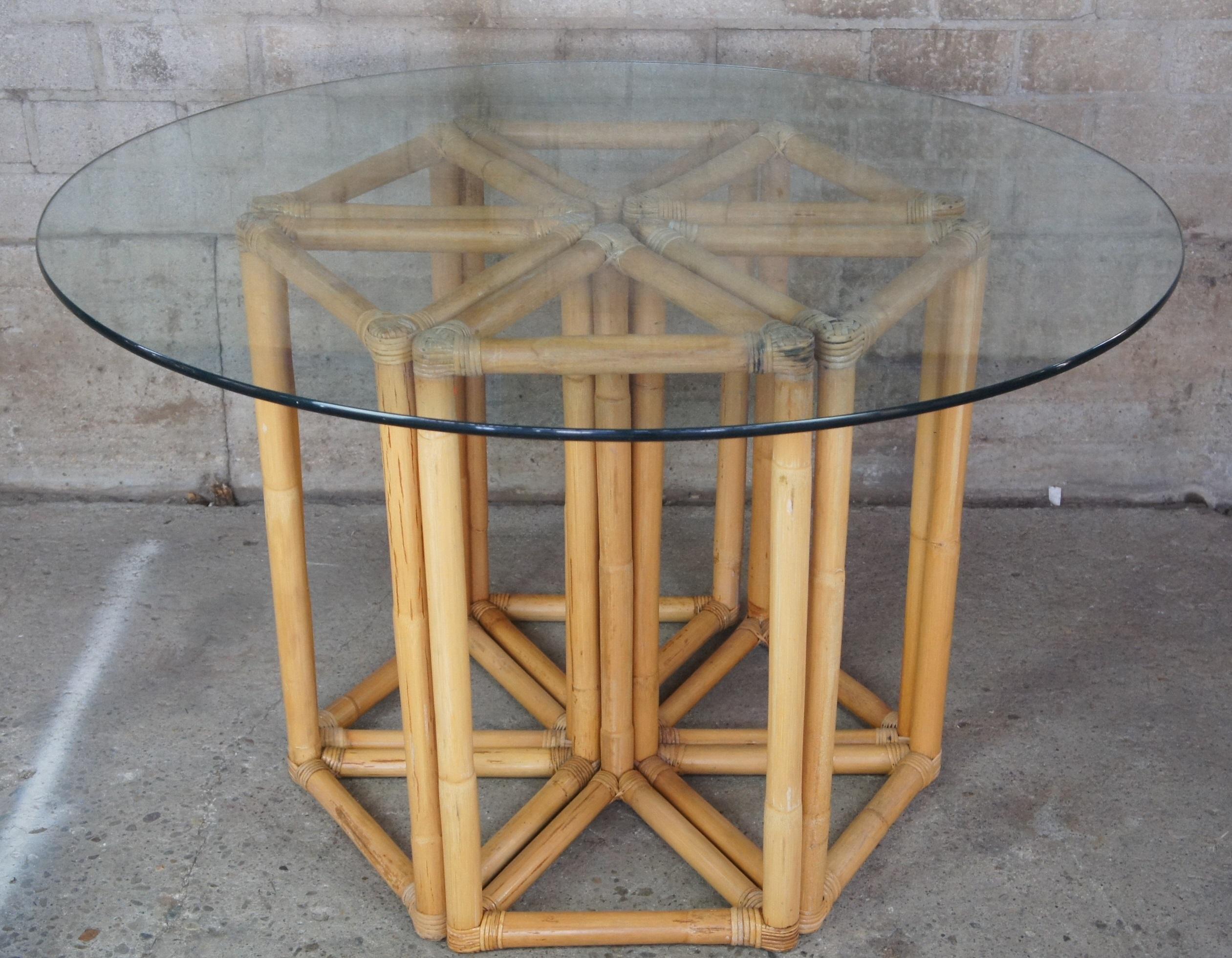 Vintage Bamboo & Rattan Triangular Hexagon Modular Base Table w Round Glass MCM  1