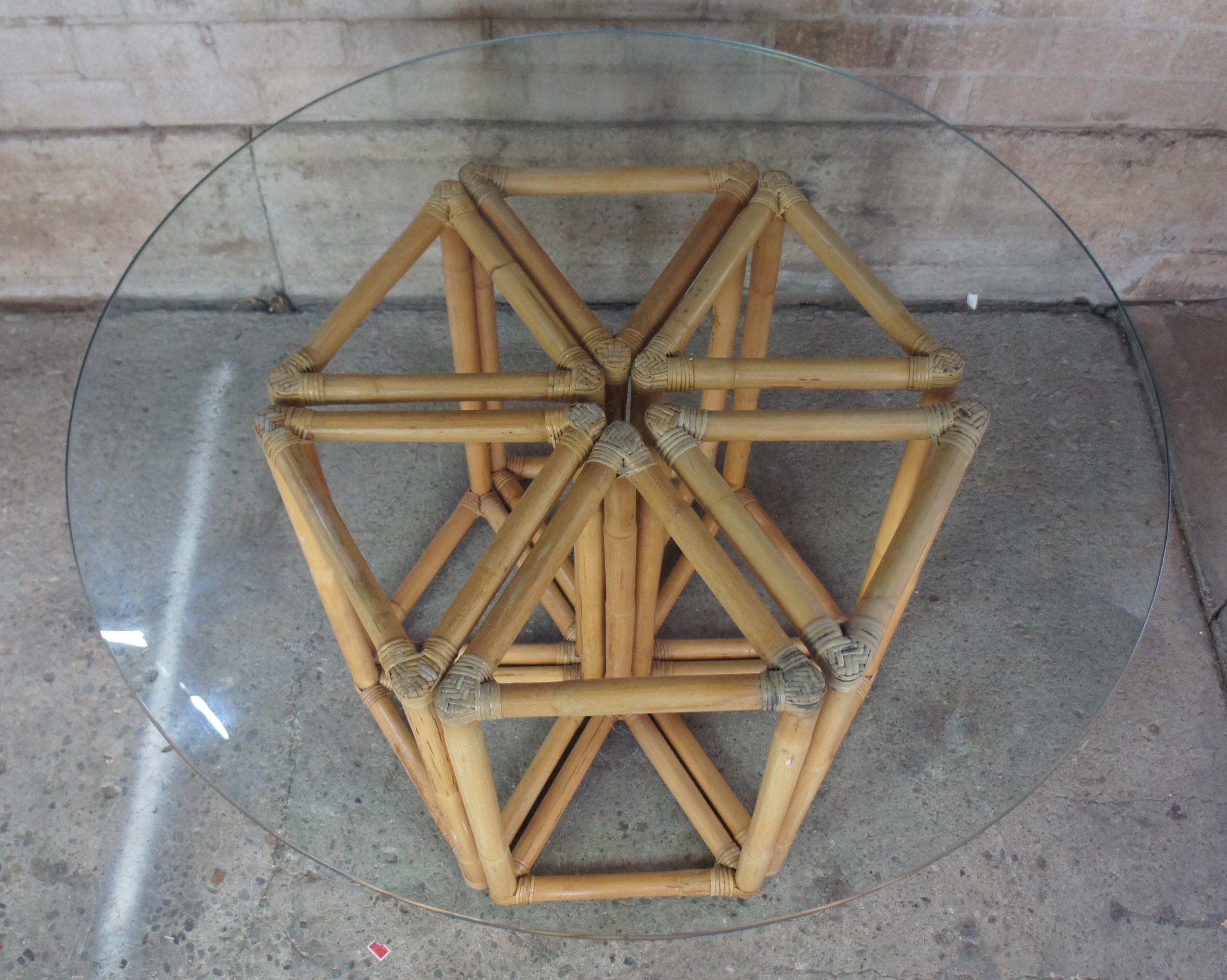 Vintage Bamboo & Rattan Triangular Hexagon Modular Base Table w Round Glass MCM  2