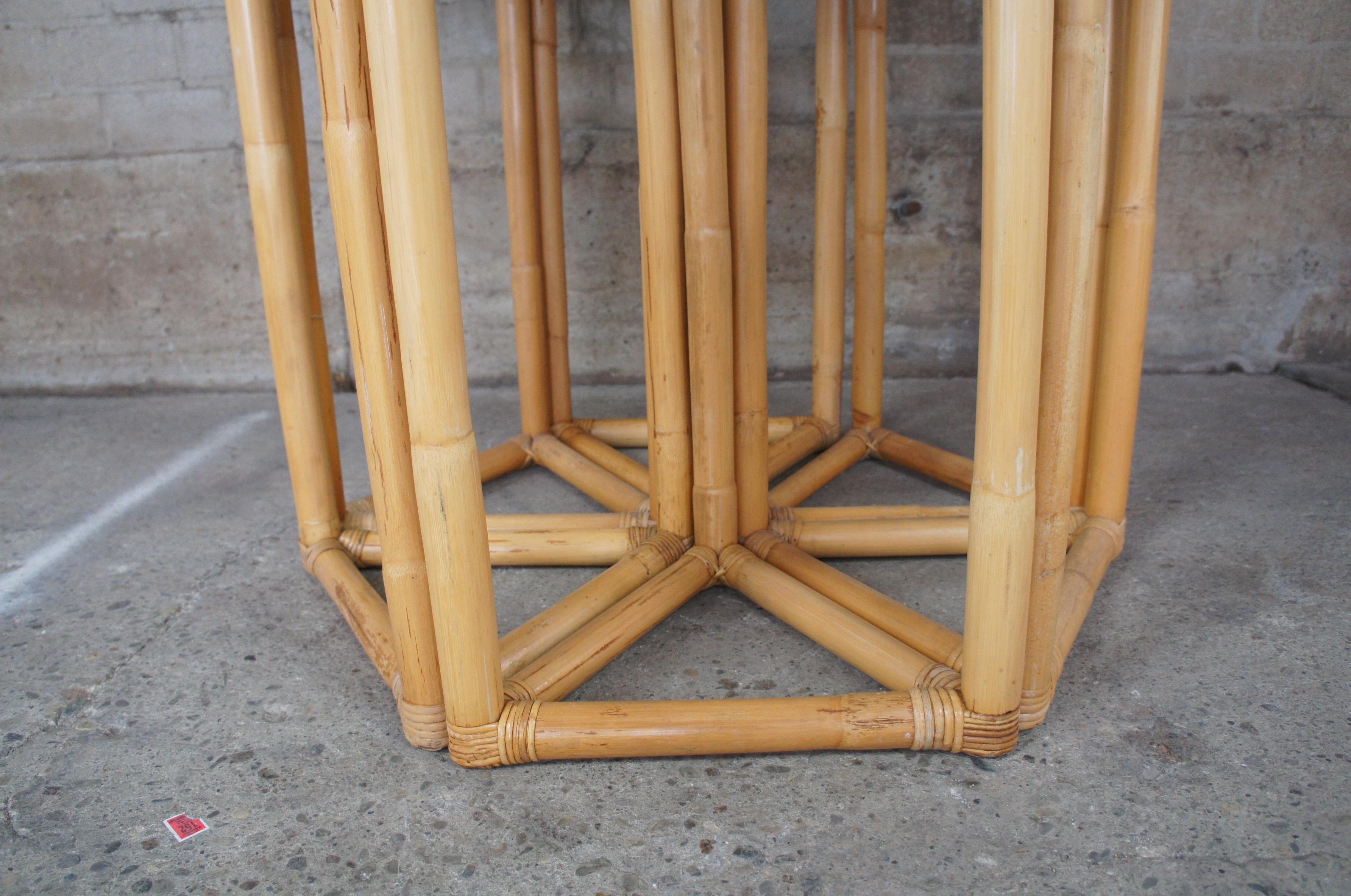 Vintage Bamboo & Rattan Triangular Hexagon Modular Base Table w Round Glass MCM  3