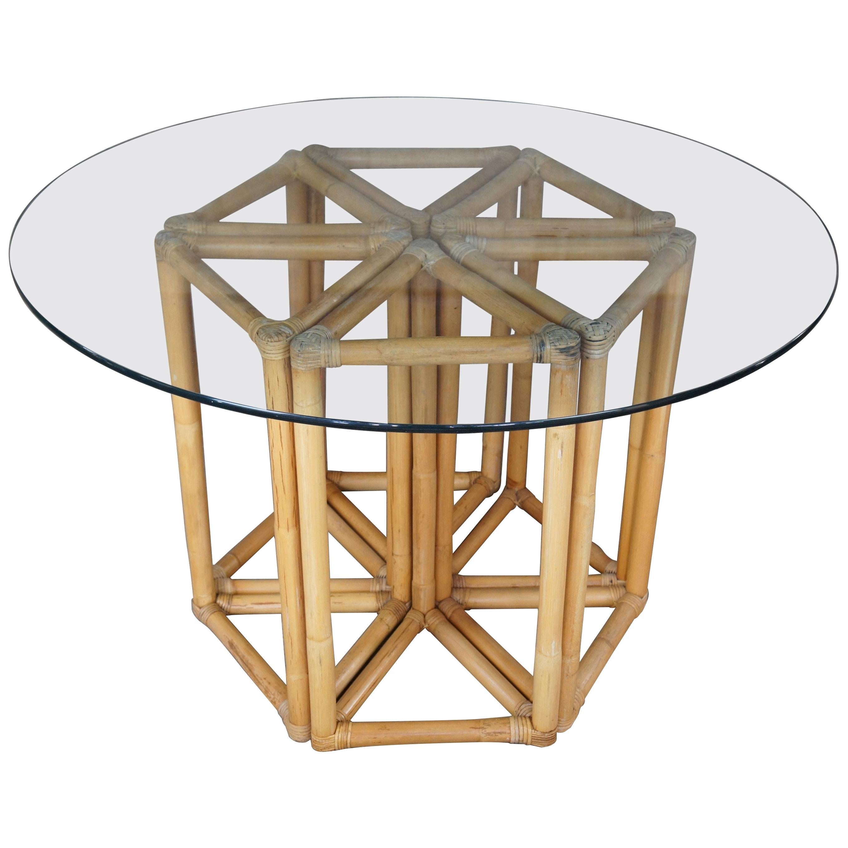 Vintage Bamboo & Rattan Triangular Hexagon Modular Base Table w Round Glass MCM 