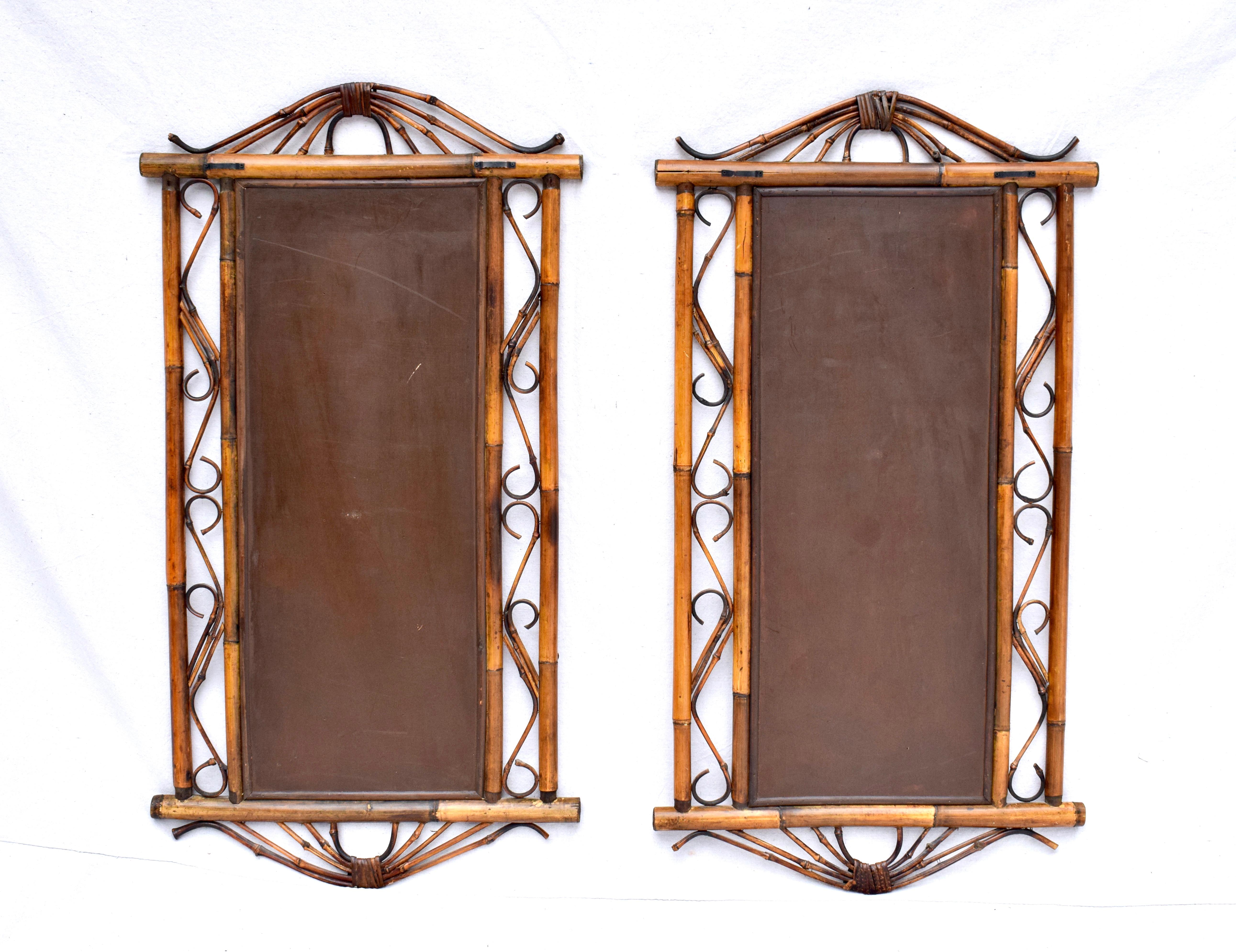 Espejos de pared vintage de ratán y bambú/ Pareja siglo XX en venta