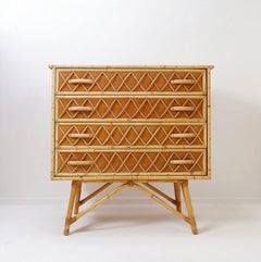 Vintage Bamboo Rattan Wicker Cane Chest Of 4 Drawers