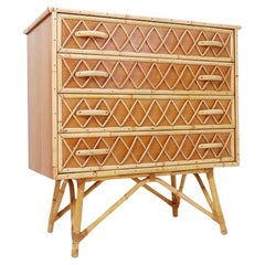 Vintage Bamboo Rattan Wicker Cane Chest Of 4 Drawers