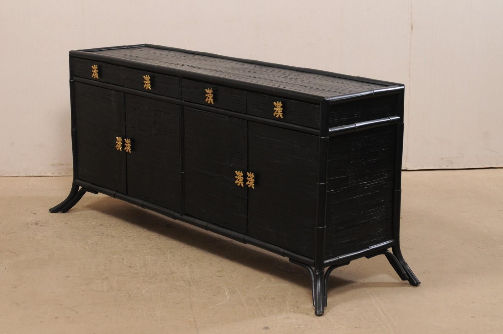 Vintage Bamboo Reed Sideboard Cabinet in Black with Gold Hardware 1