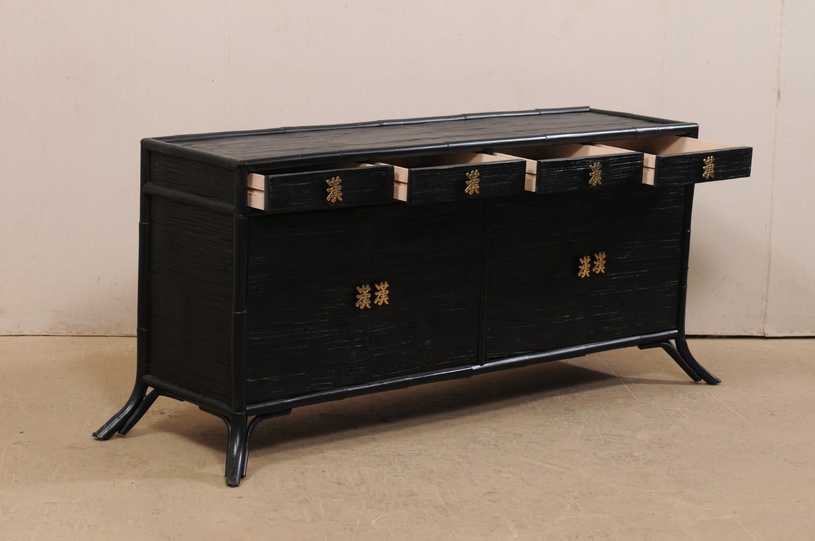 American Vintage Bamboo Reed Sideboard Cabinet in Black with Gold Hardware