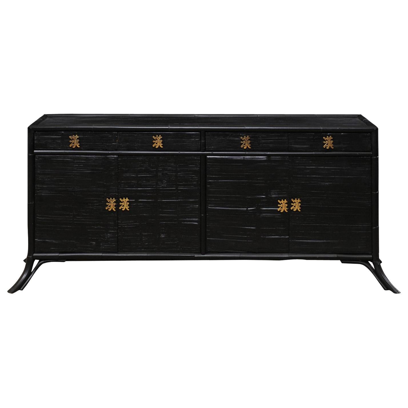 Vintage Bamboo Reed Sideboard Cabinet in Black with Gold Hardware
