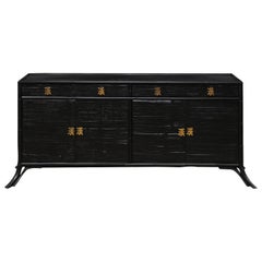 Vintage Bamboo Reed Sideboard Cabinet in Black with Gold Hardware