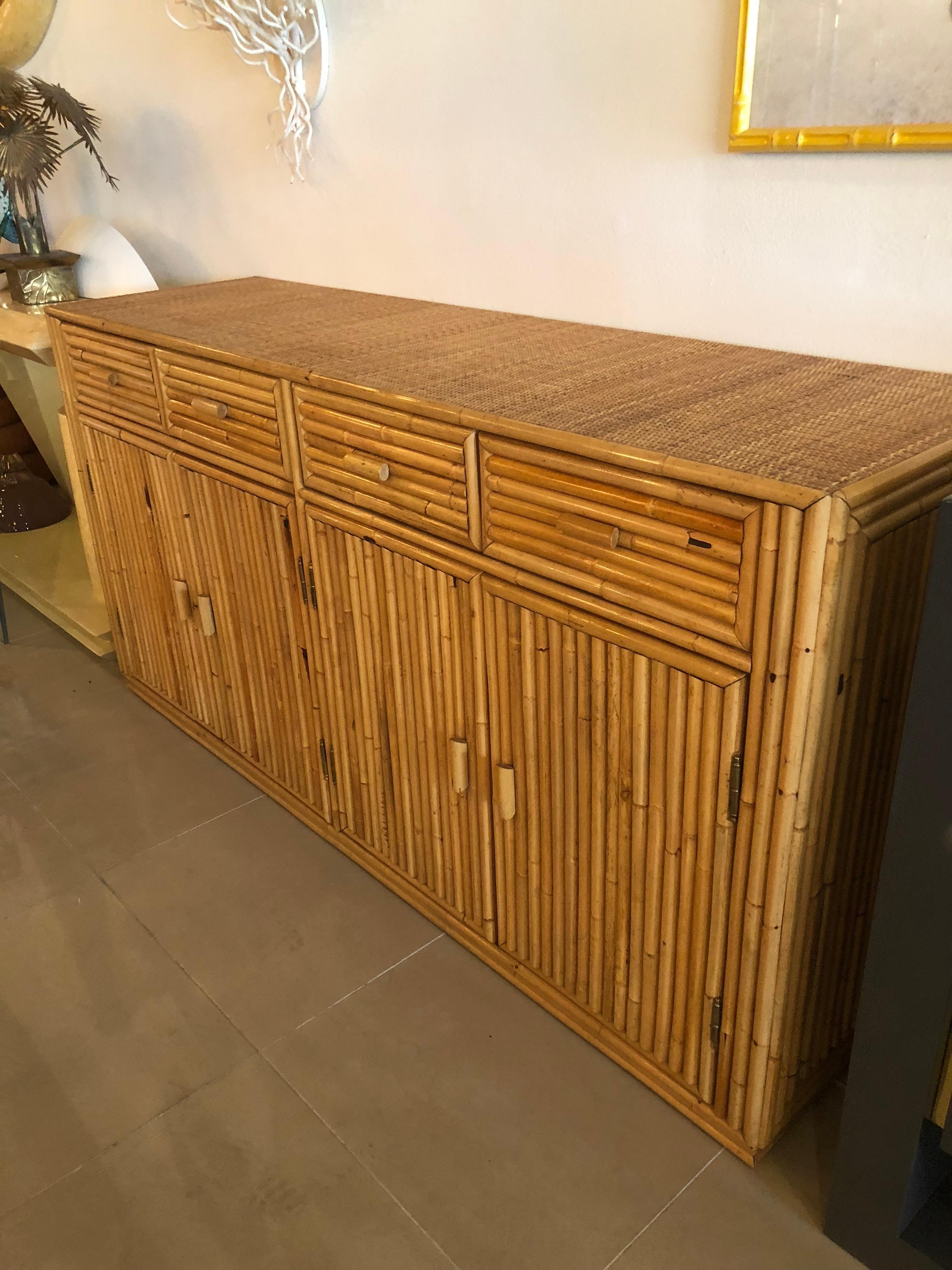 Vintage Bamboo Reed Woven Top Credenza Buffet Sideboard Cabinet 1