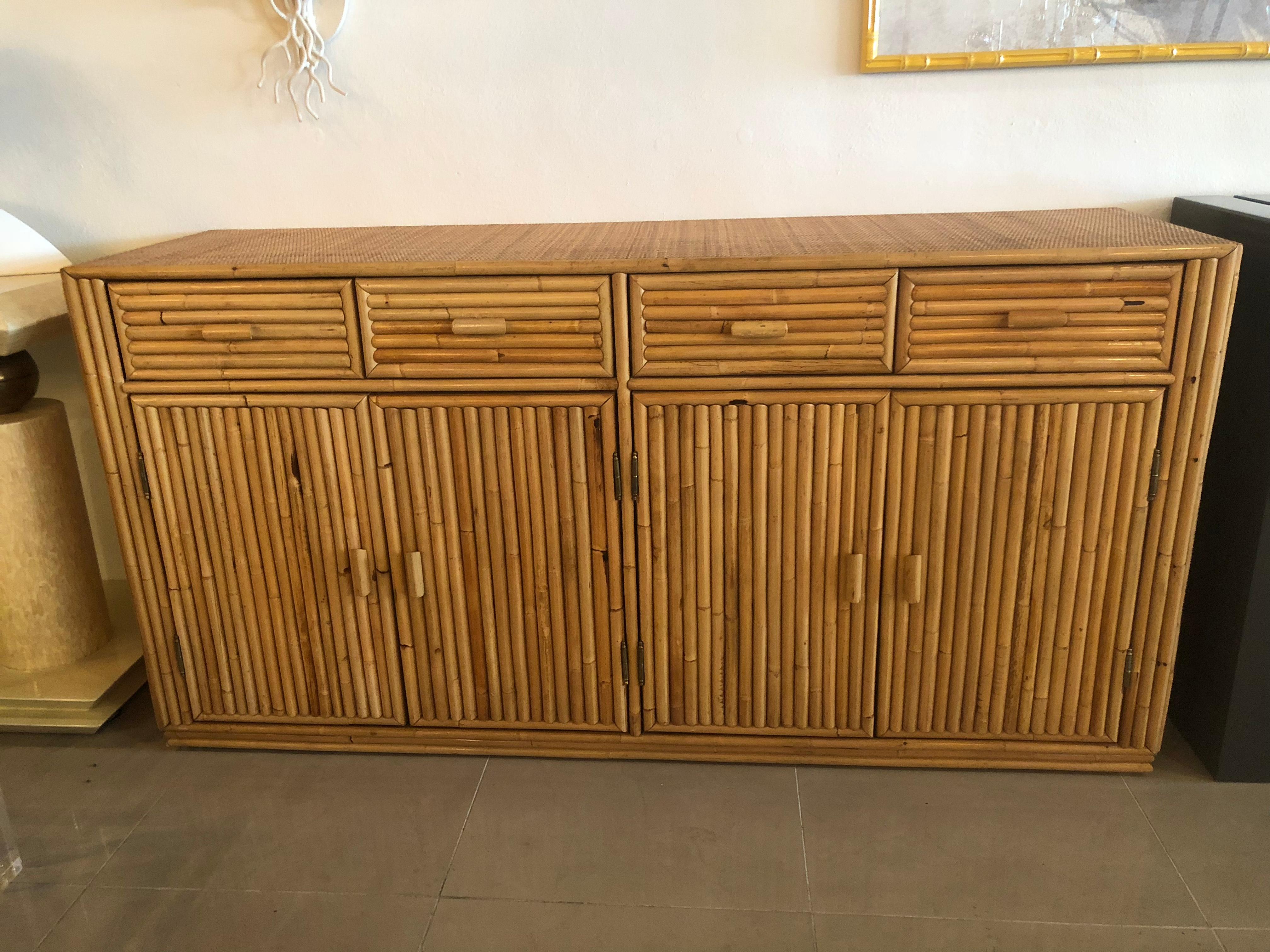 Vintage Bamboo Reed Woven Top Credenza Buffet Sideboard Cabinet at 1stDibs