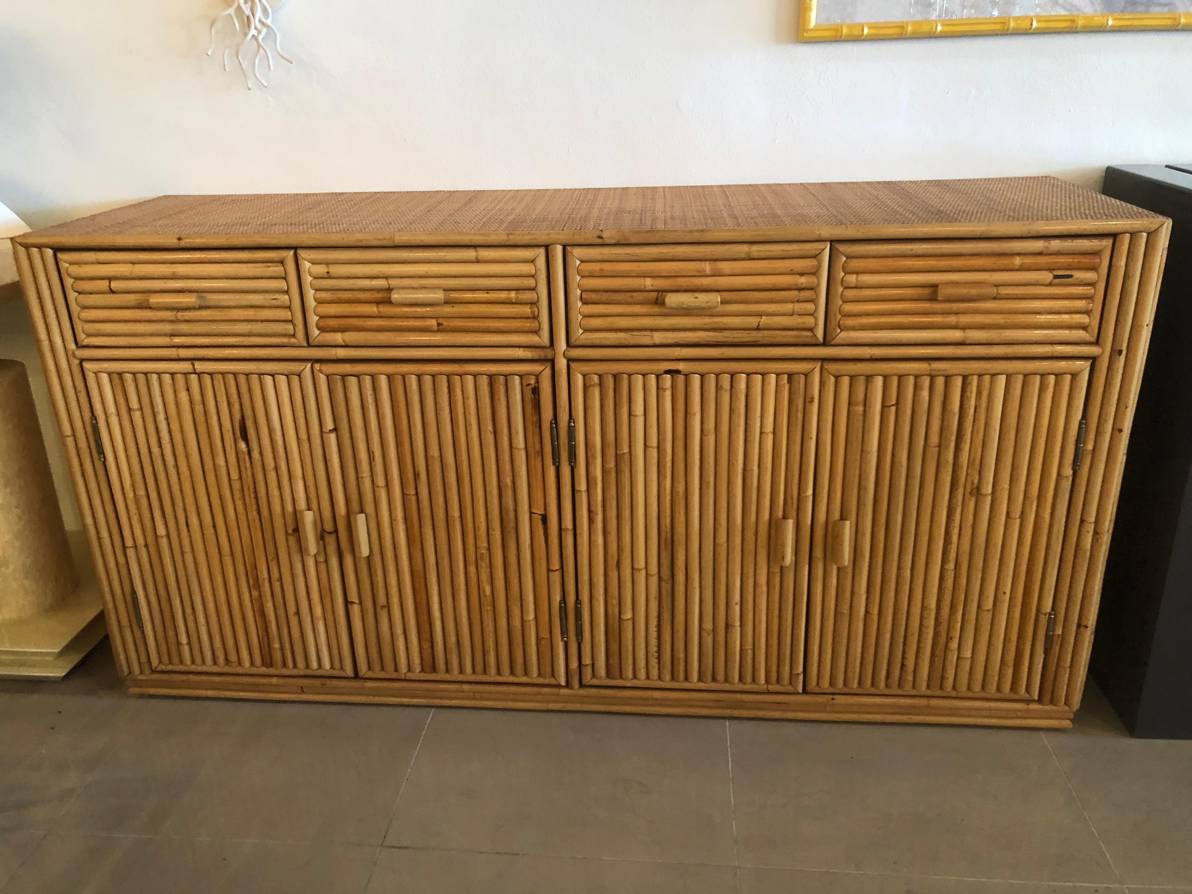 American Vintage Bamboo Reed Woven Top Credenza Buffet Sideboard Cabinet