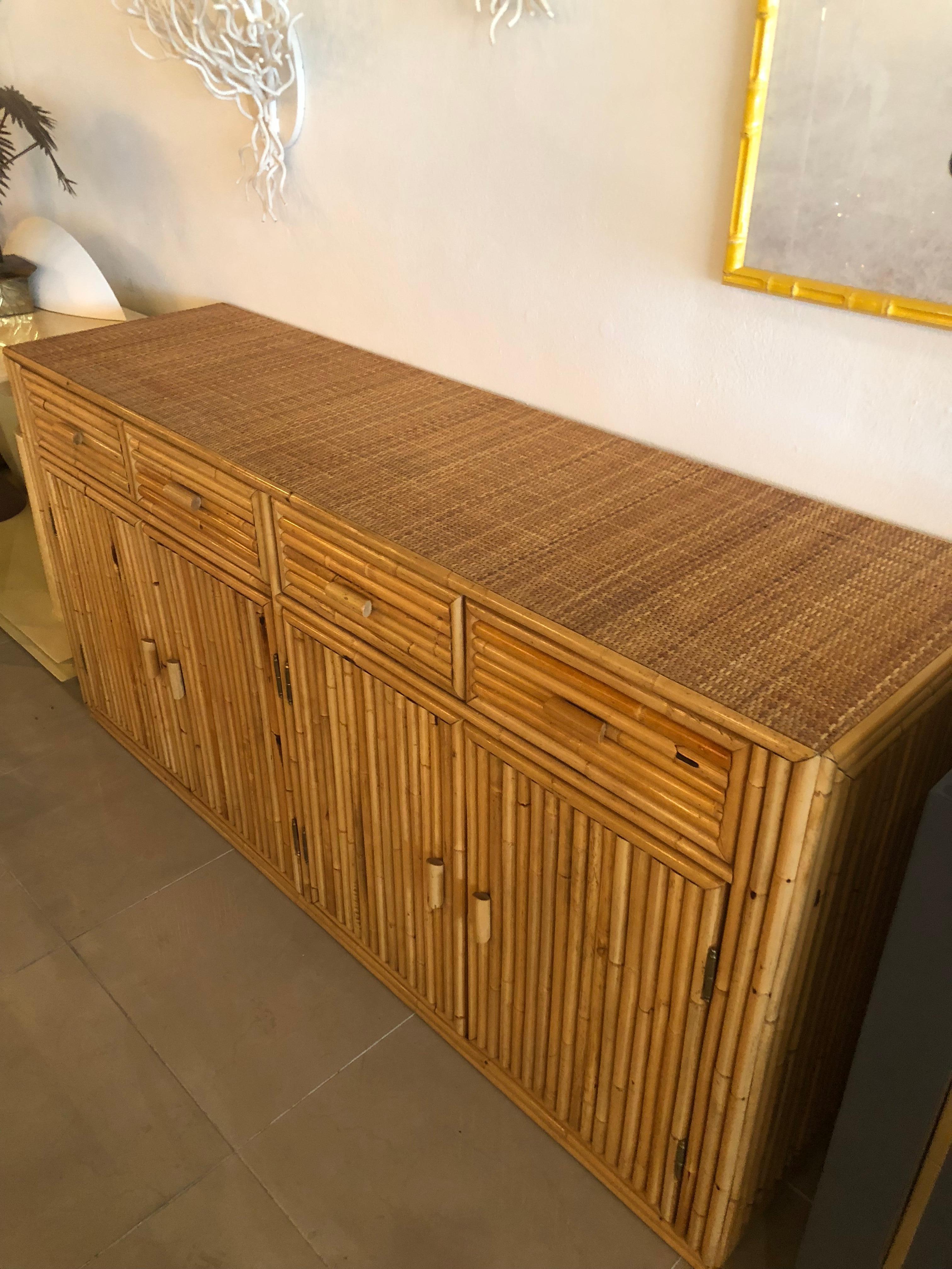 Late 20th Century Vintage Bamboo Reed Woven Top Credenza Buffet Sideboard Cabinet