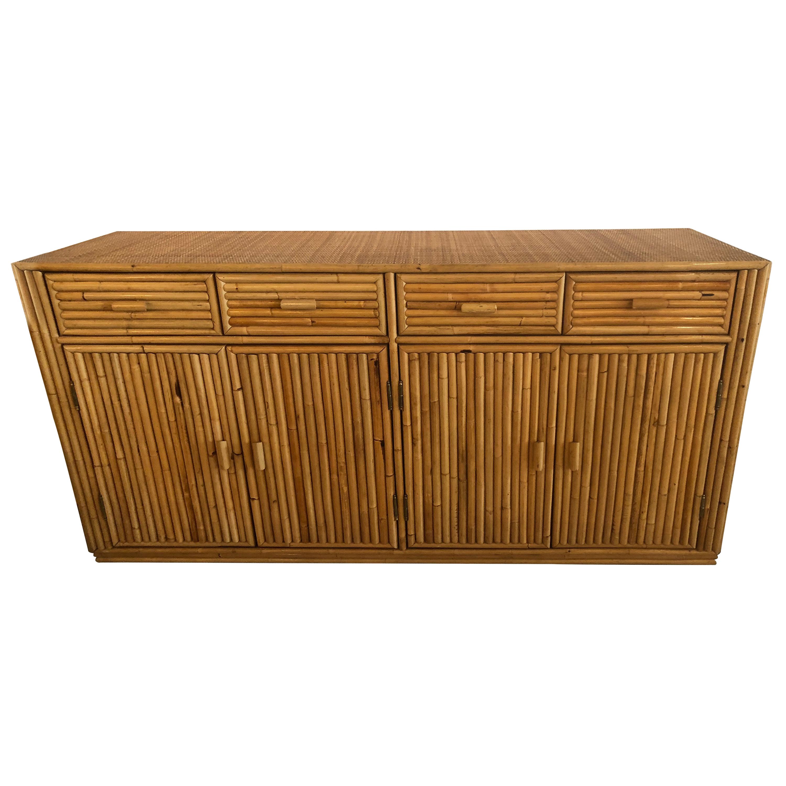 Vintage Bamboo Reed Woven Top Credenza Buffet Sideboard Cabinet