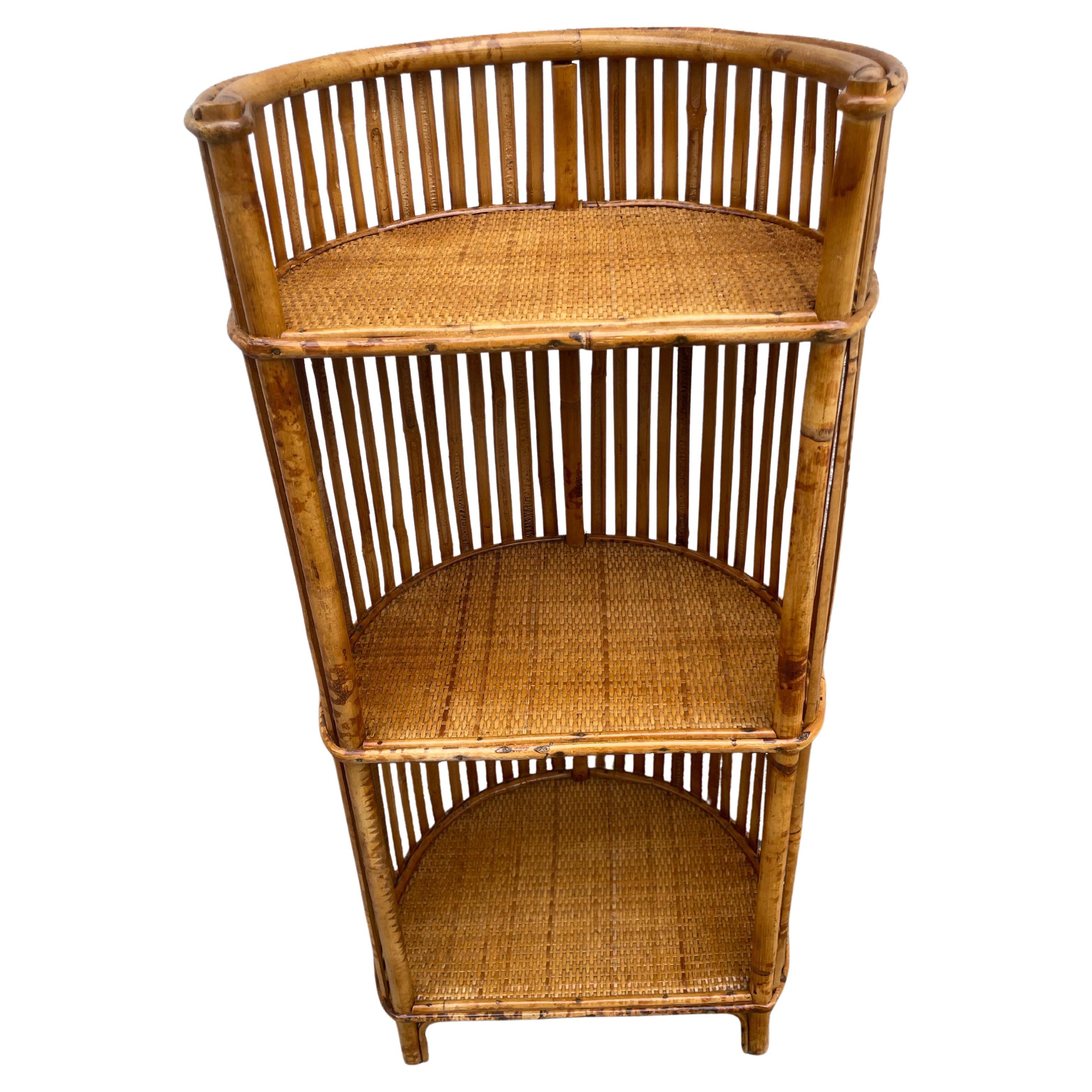 Vintage Bamboo and Grass Cloth Demi Lune Etagere, Hong Kong, 1950s