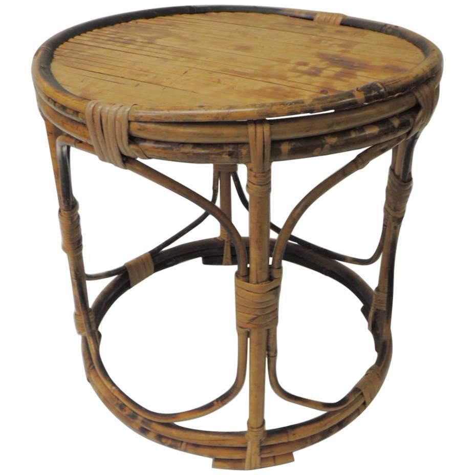 Vintage Bamboo Round Low Side Table with Rattan Details