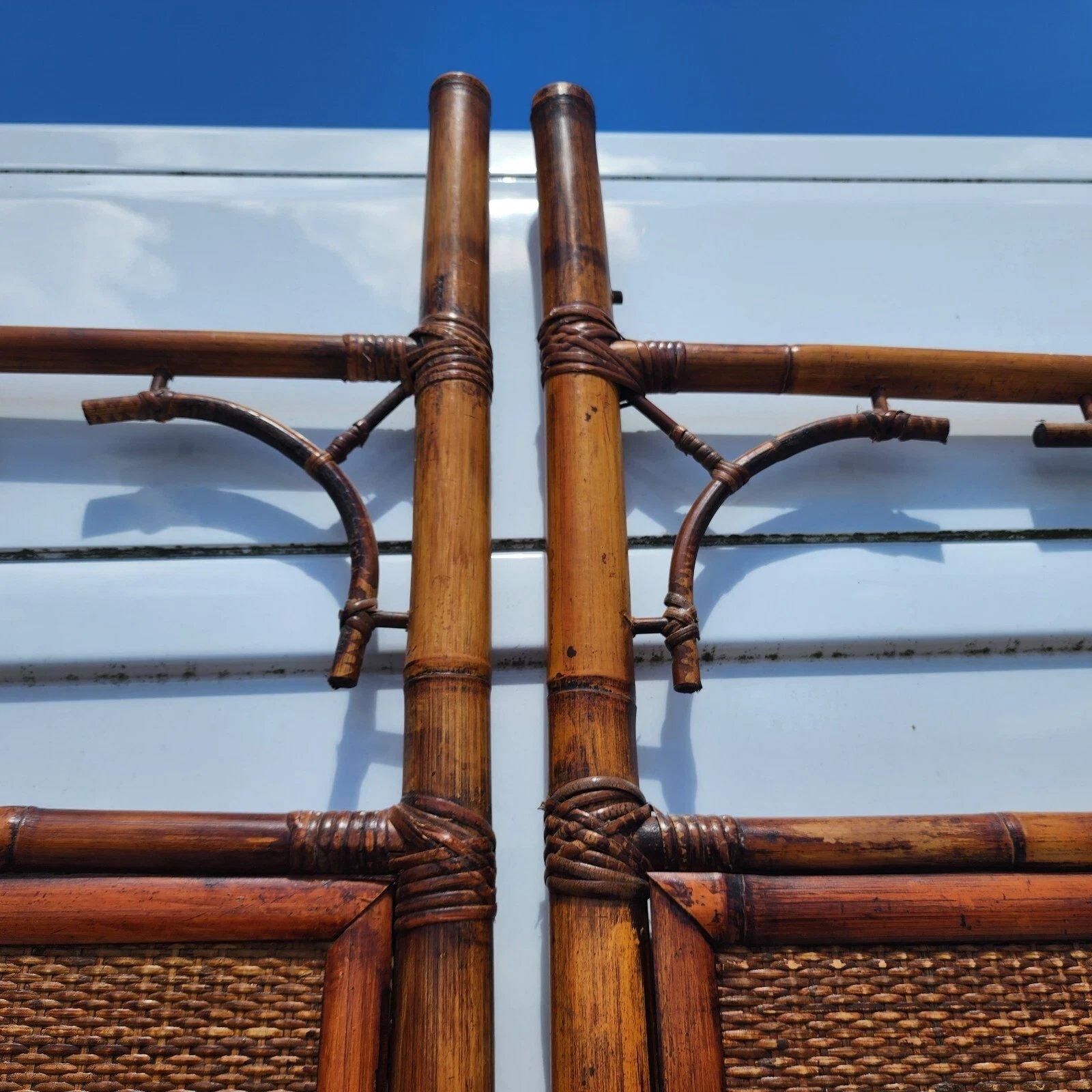 Leather Vintage Bamboo Screen Room Divider Headboard 1960s For Sale
