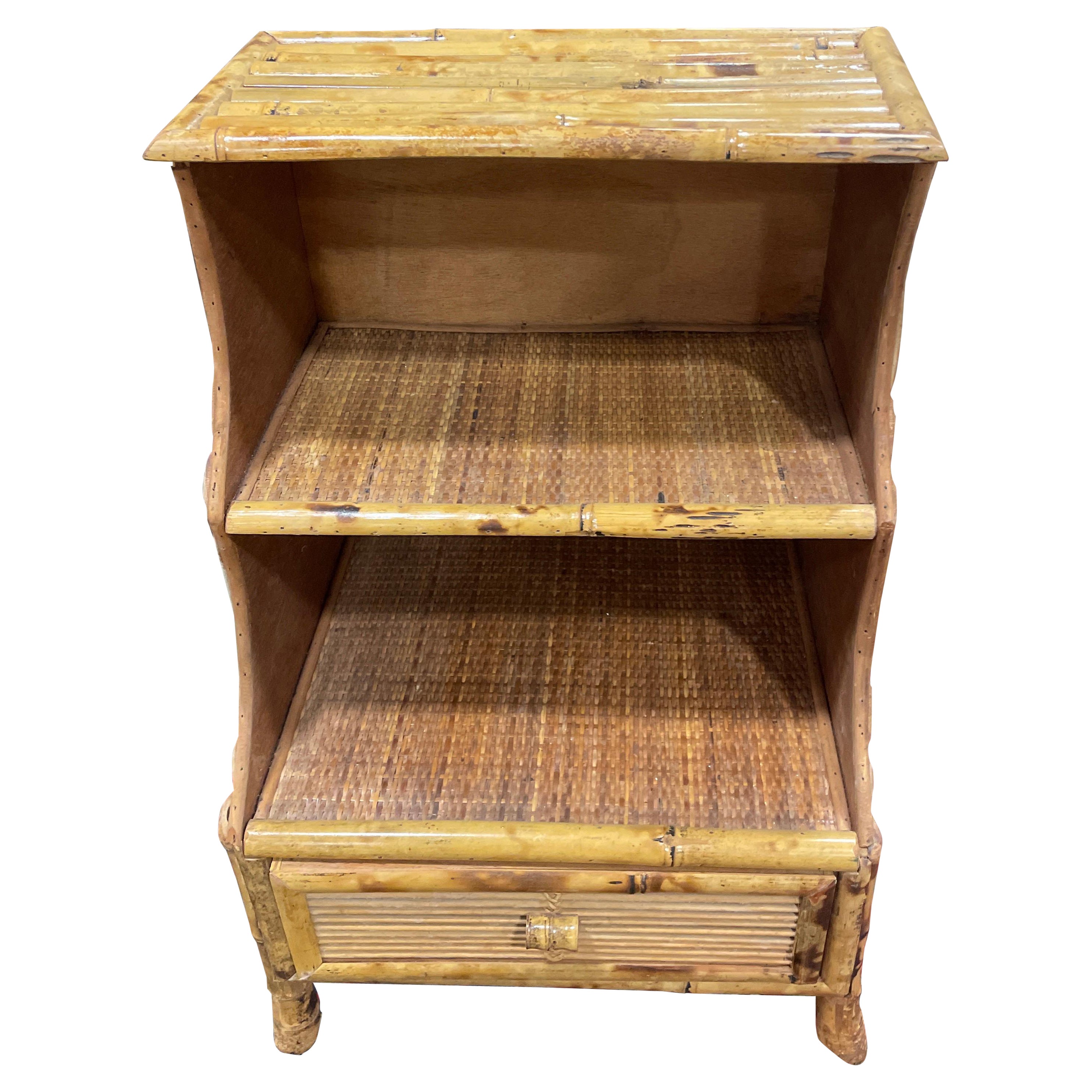 Vintage Bamboo Side Table with Two Shelves & One Drawer