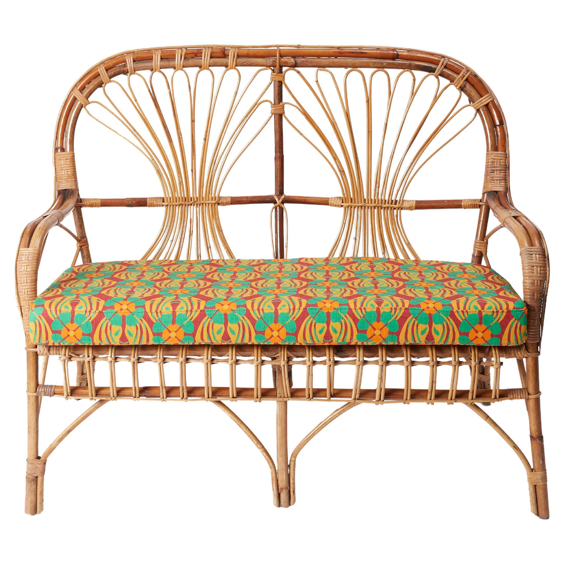 Vintage Bamboo Sofa by La DoubleJ, Cubi Print in Linen-Feel Shot Cotton, 1960 For Sale