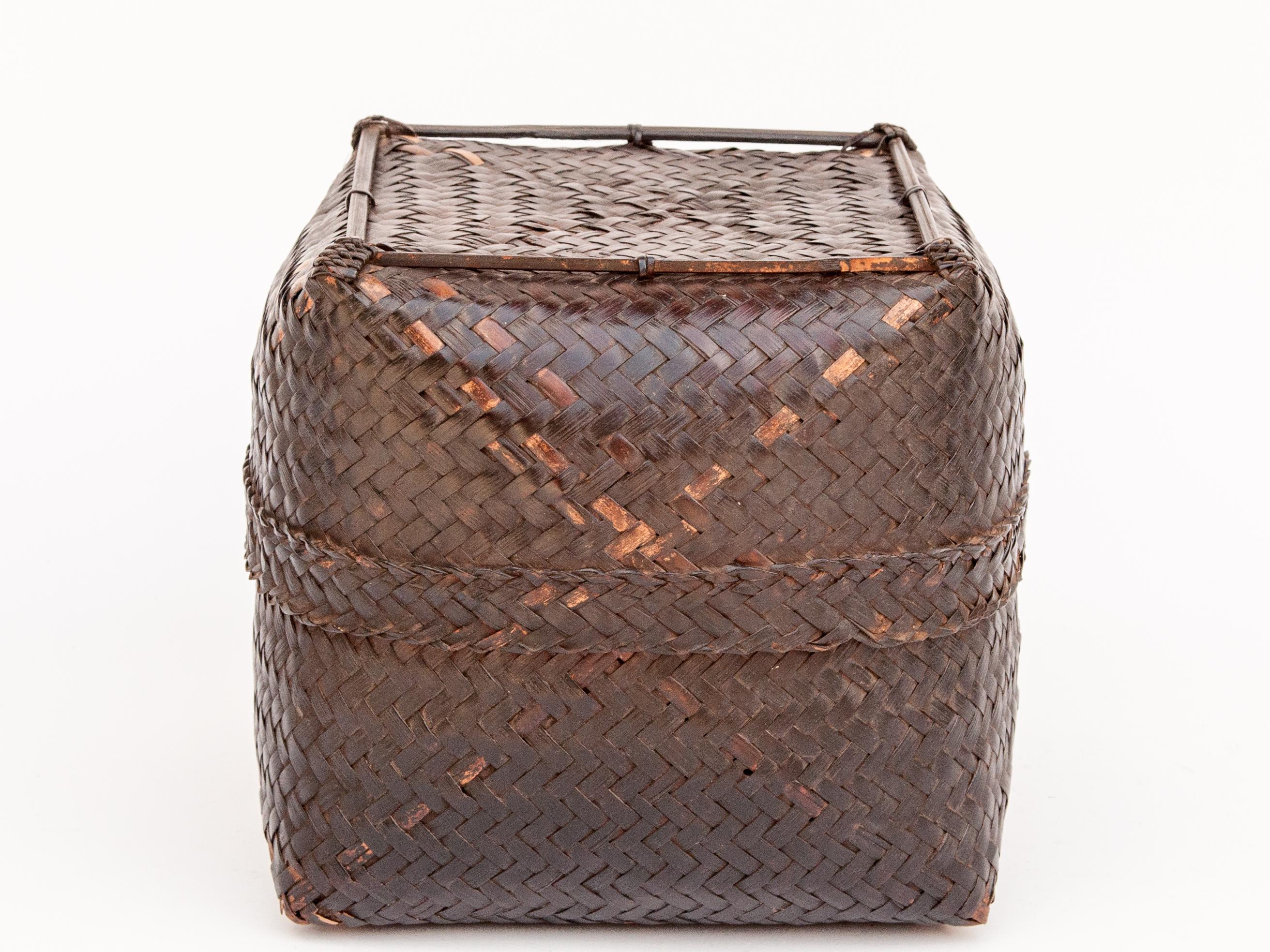 Tribal Vintage Bamboo Storage Basket with Lid Lombok, Indonesia, Mid-Late 20th Century