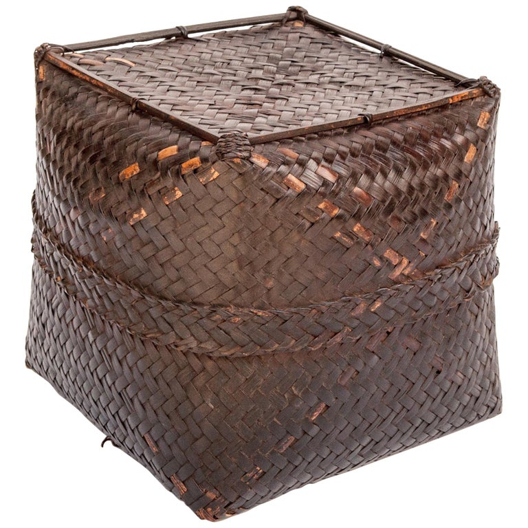 Vintage Bamboo Storage Basket with Lid Lombok, Indonesia, MidLate 20th