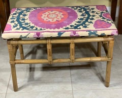 Vintage Bamboo Coffee Table with Hand-Embroidered Suzani Textile, USA