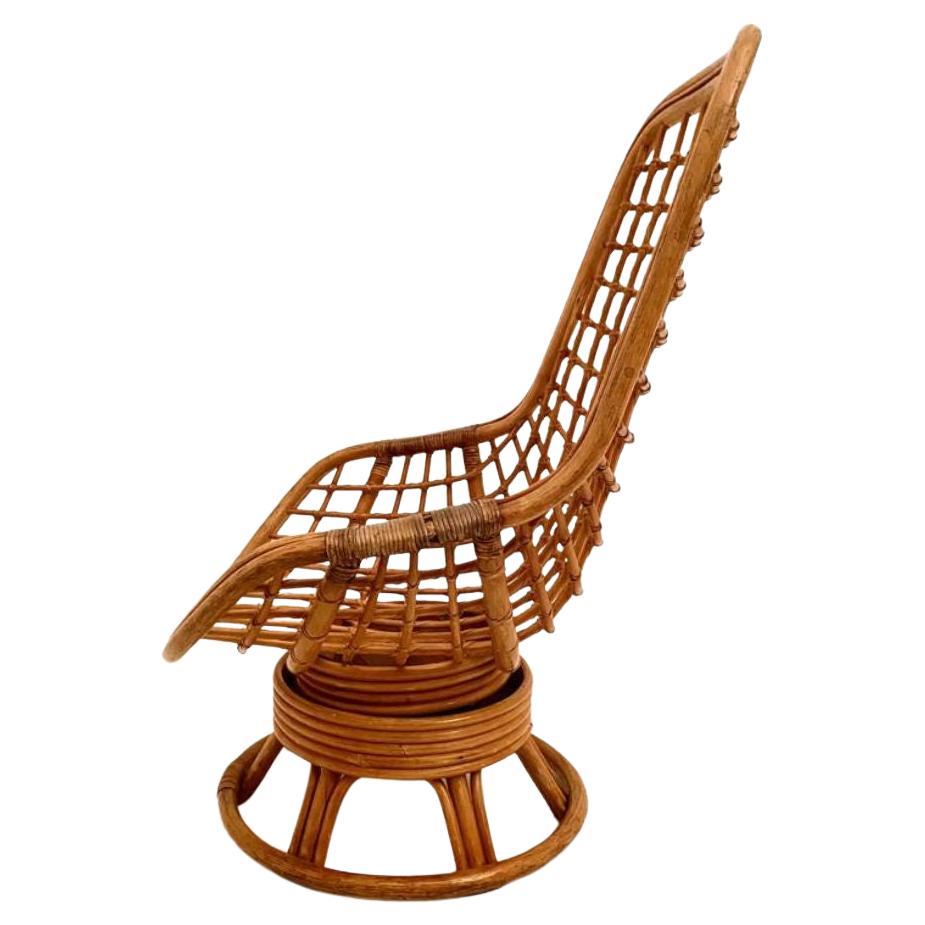 Sillón giratorio vintage de bambú, Italia Años 70 Moderno de mediados de siglo
