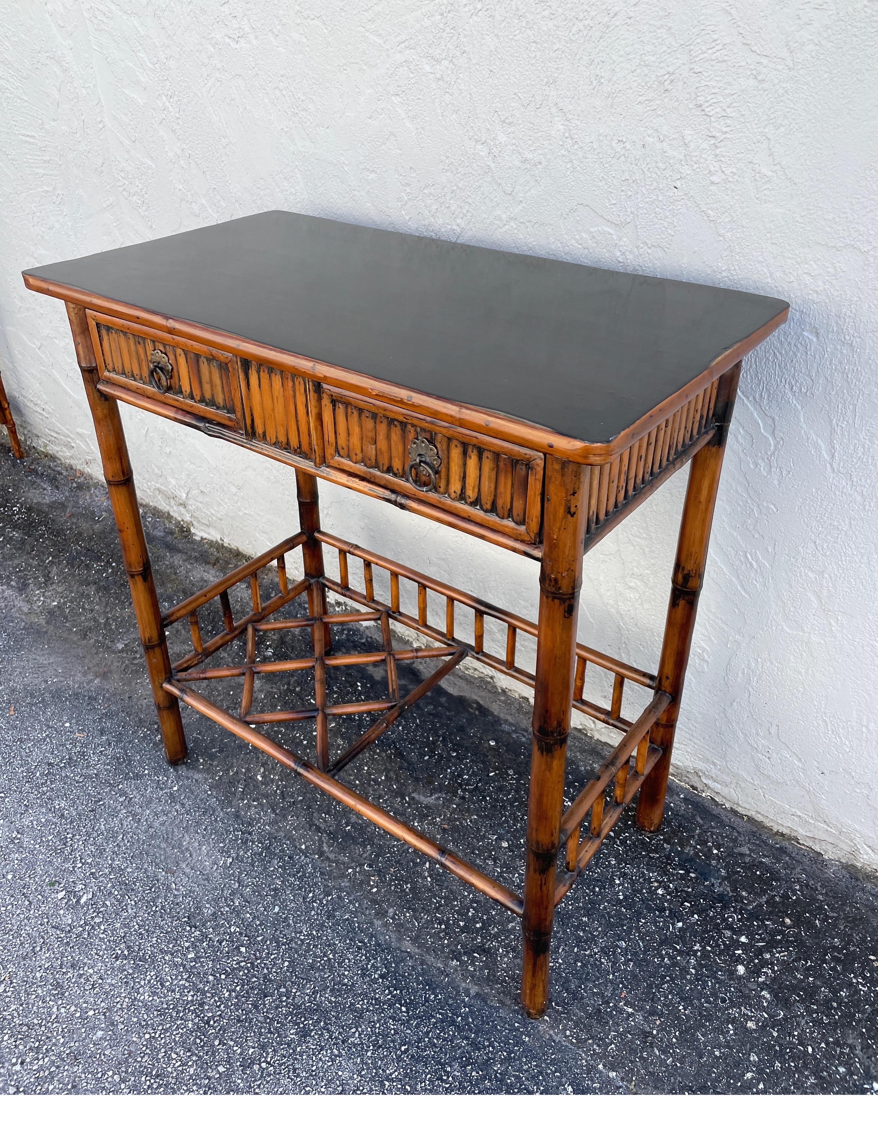 Vintage bamboo table with two drawers & bottom trellis shelf.
