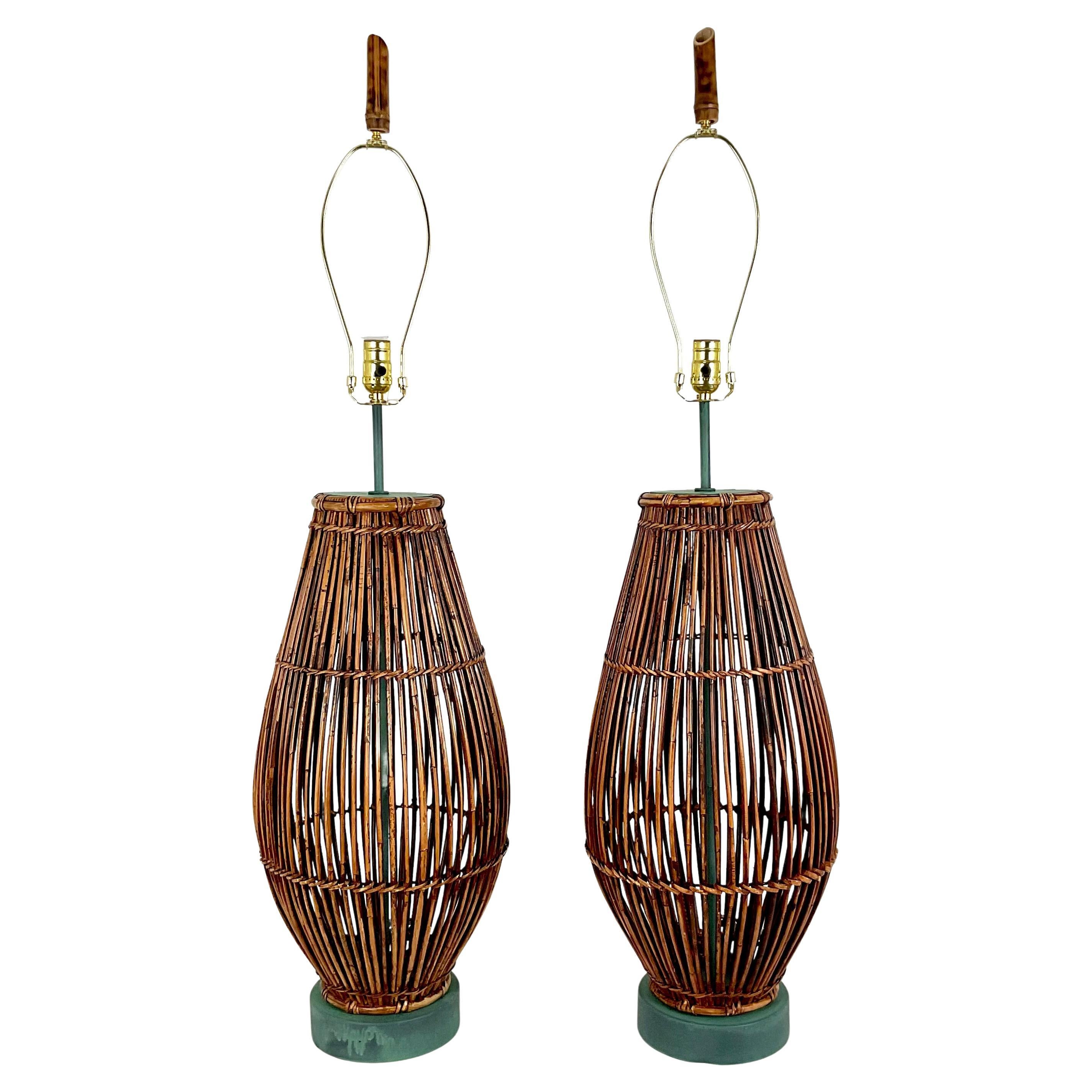 Lámparas de mesa vintage de bambú con base y casquillo verde Verdi en venta