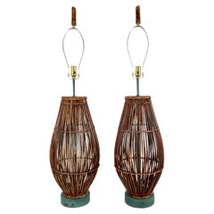 Vintage Bamboo Table Lamps with Verdi Green Base and Cap