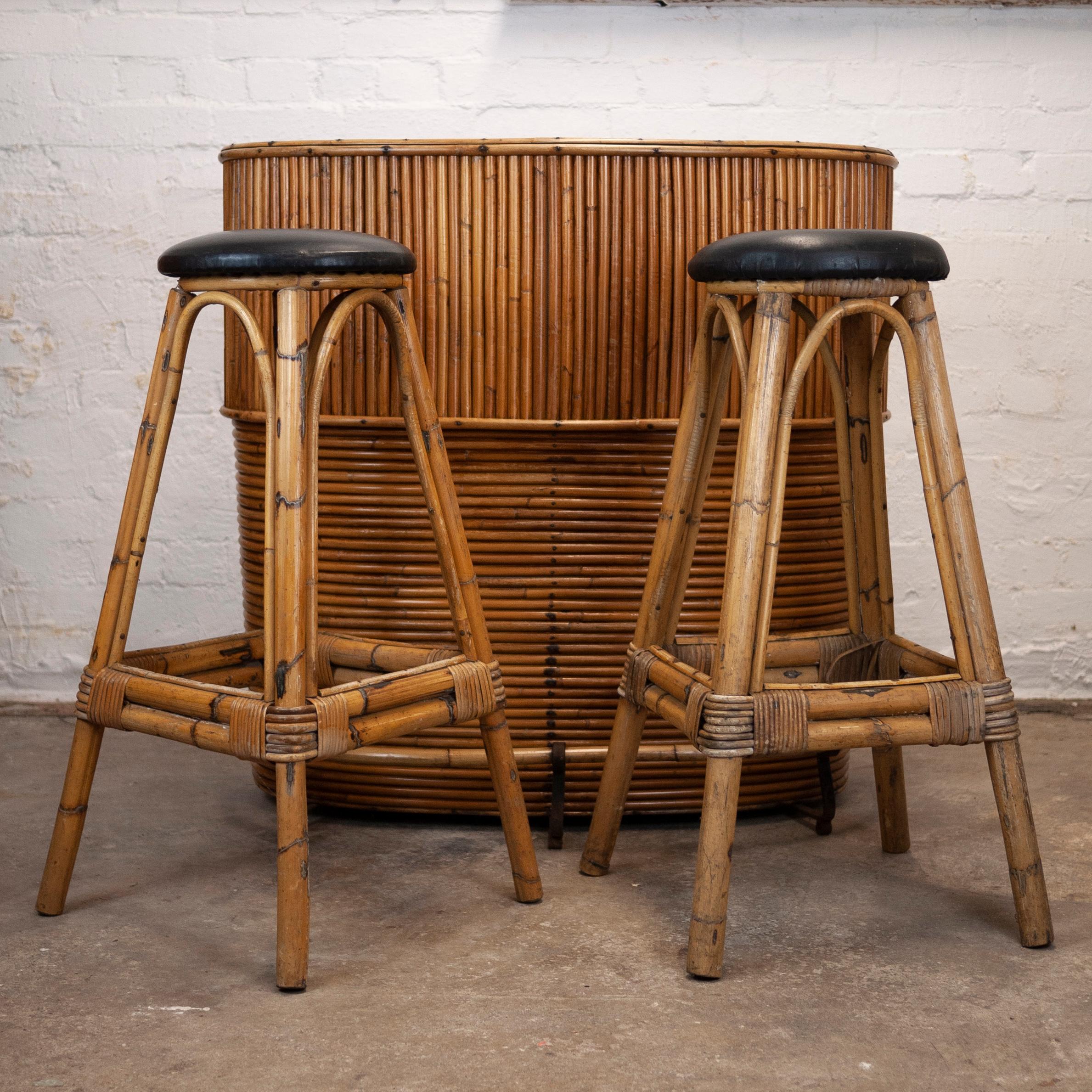 French Vintage Bamboo Tiki Bar with 2 Bar Stools, 1960s, Set of 3