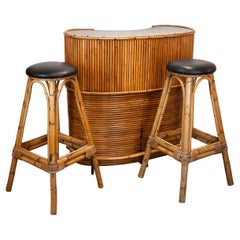 Vintage Bamboo Tiki Bar with 2 Bar Stools, 1960s, Set of 3