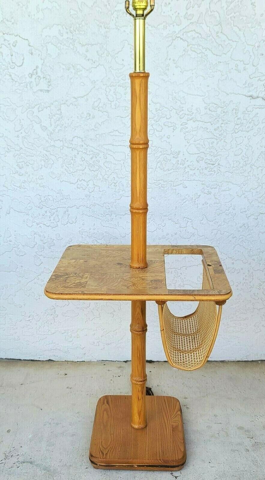 Rattan Vintage Bamboo Tiki Boho Chic Magazine Holder Floor Lamp Table For Sale