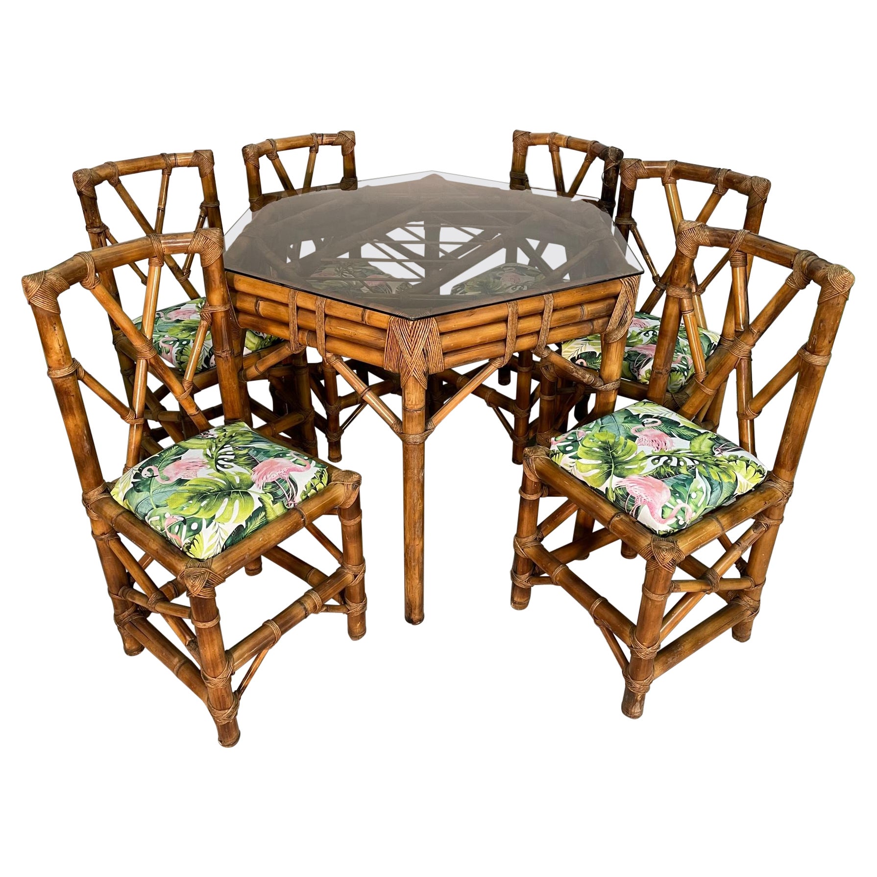 Vintage Bamboo Tiki Style Game Table Set with 6 Chairs