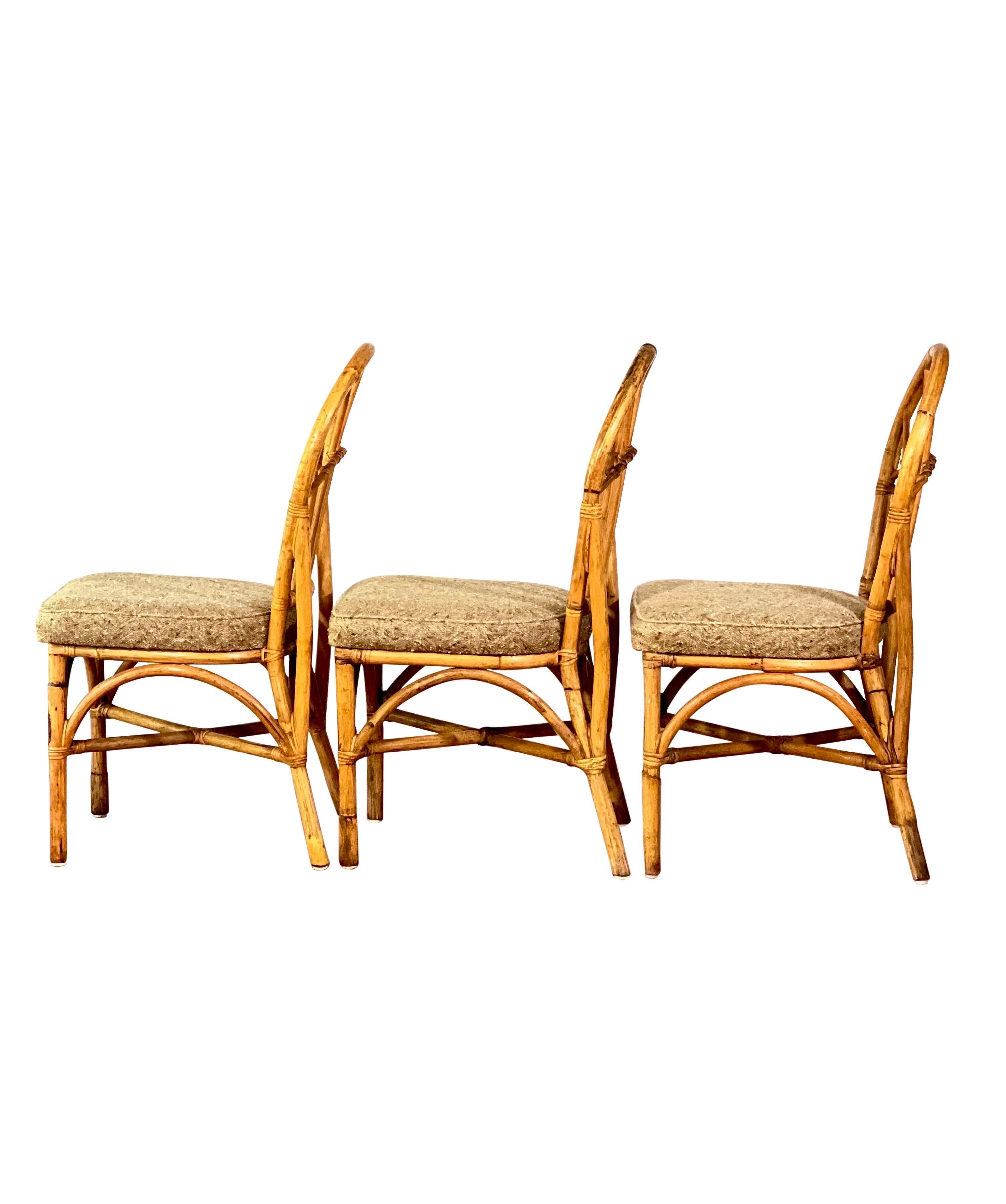 Bohemian Vintage Bamboo Upholstered Dining Chairs, Set of 4 For Sale