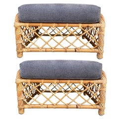 Vintage Bamboo Upholstered Rattan Ottomans A Pair after McGuire or Ficks Reed