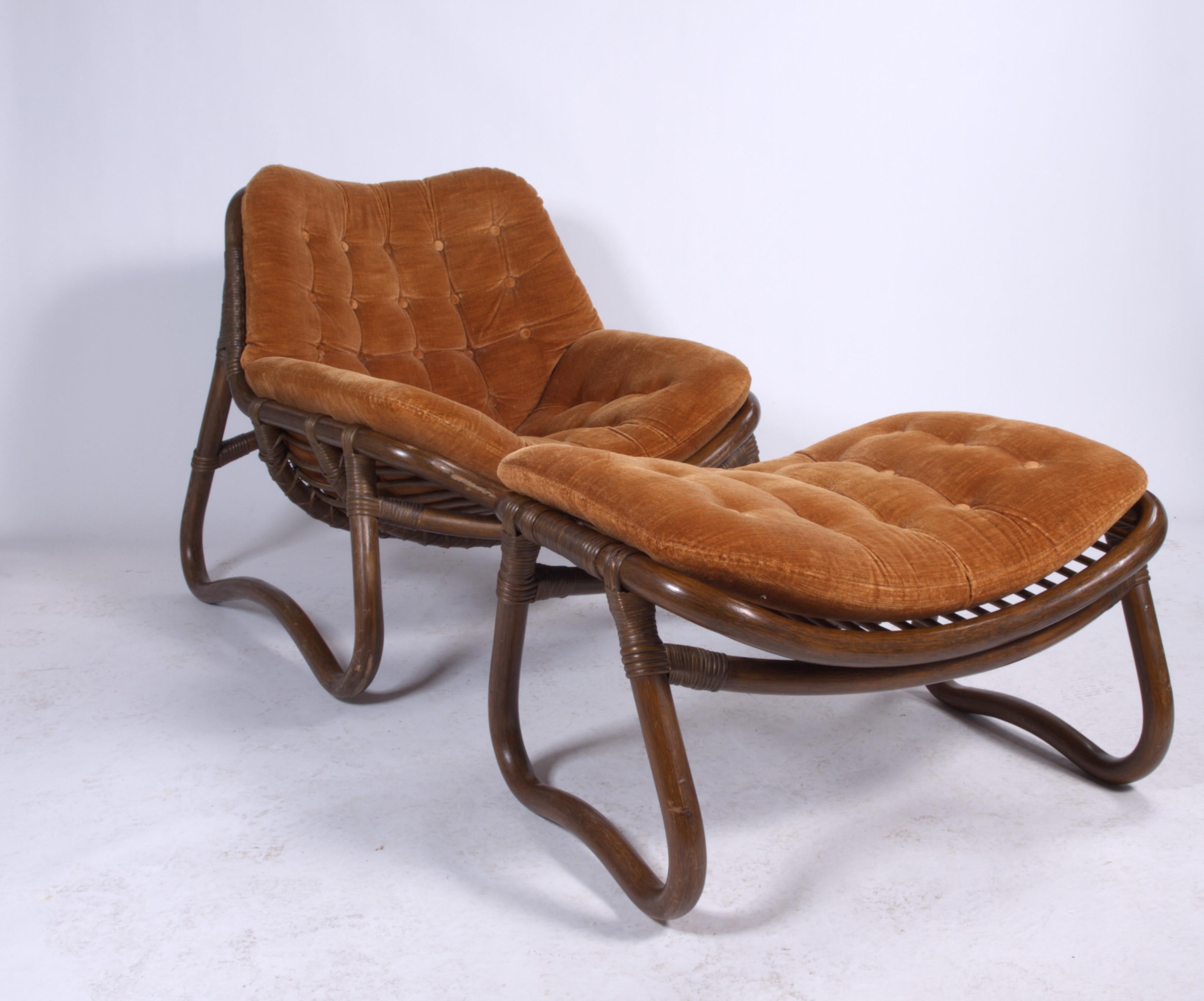 Vintage Bamboo & Velour Lounge Chairs & Ottoman, Denmark, 1970s 3