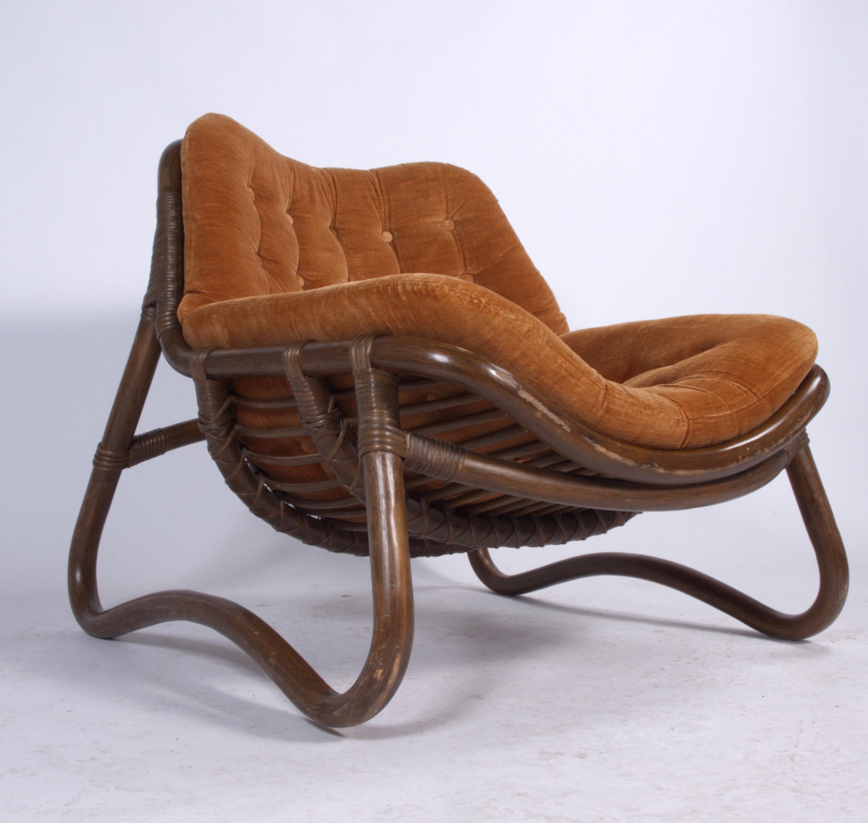 Vintage Bamboo & Velour Lounge Chairs & Ottoman, Denmark, 1970s 4