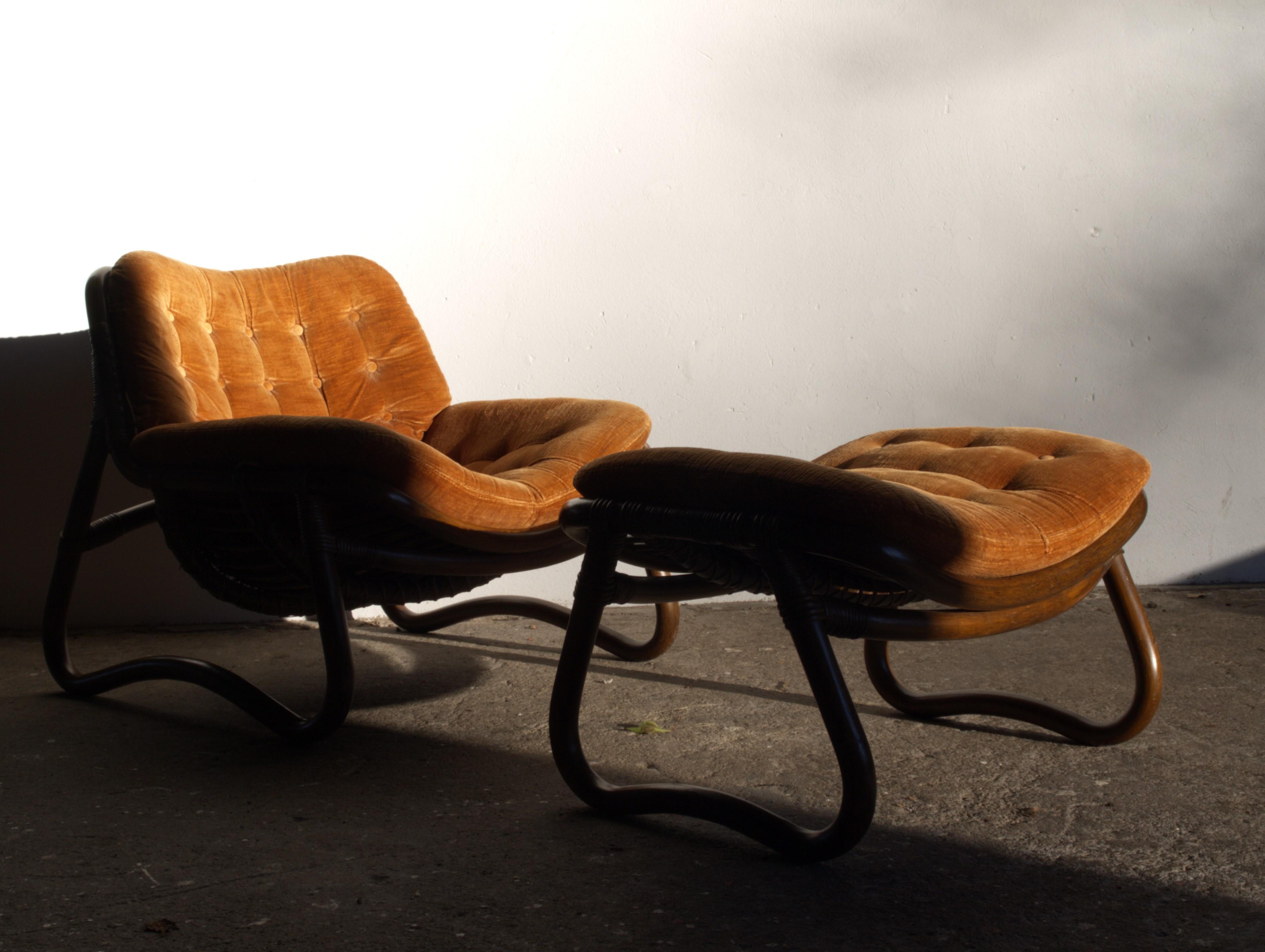 Vintage Bamboo & Velour Lounge Chairs & Ottoman, Denmark, 1970s 9