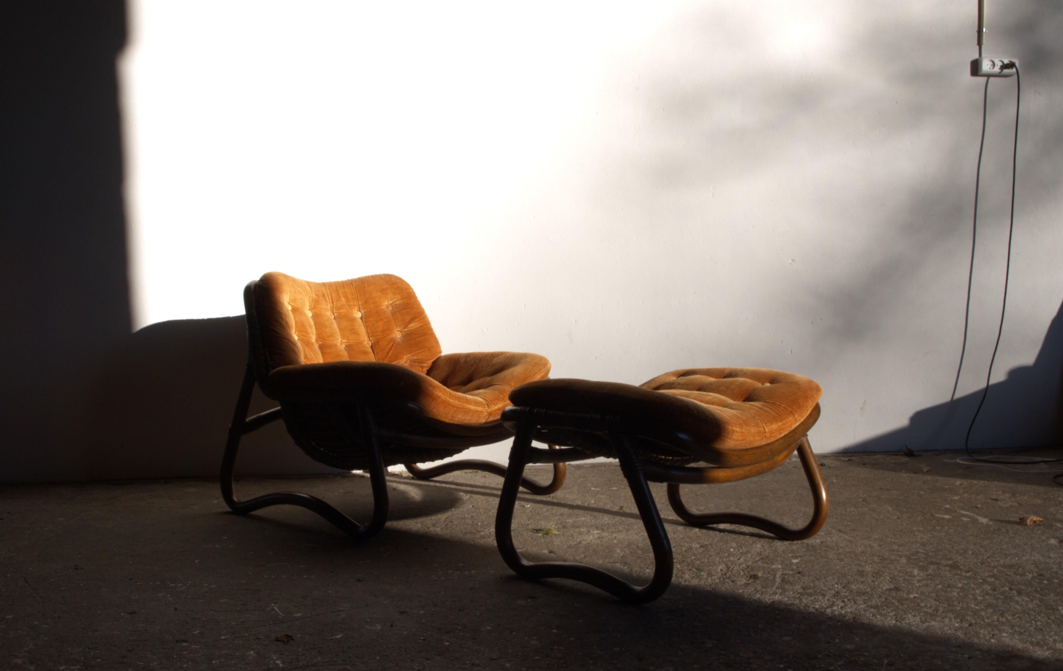 Vintage Bamboo & Velour Lounge Chairs & Ottoman, Denmark, 1970s 10