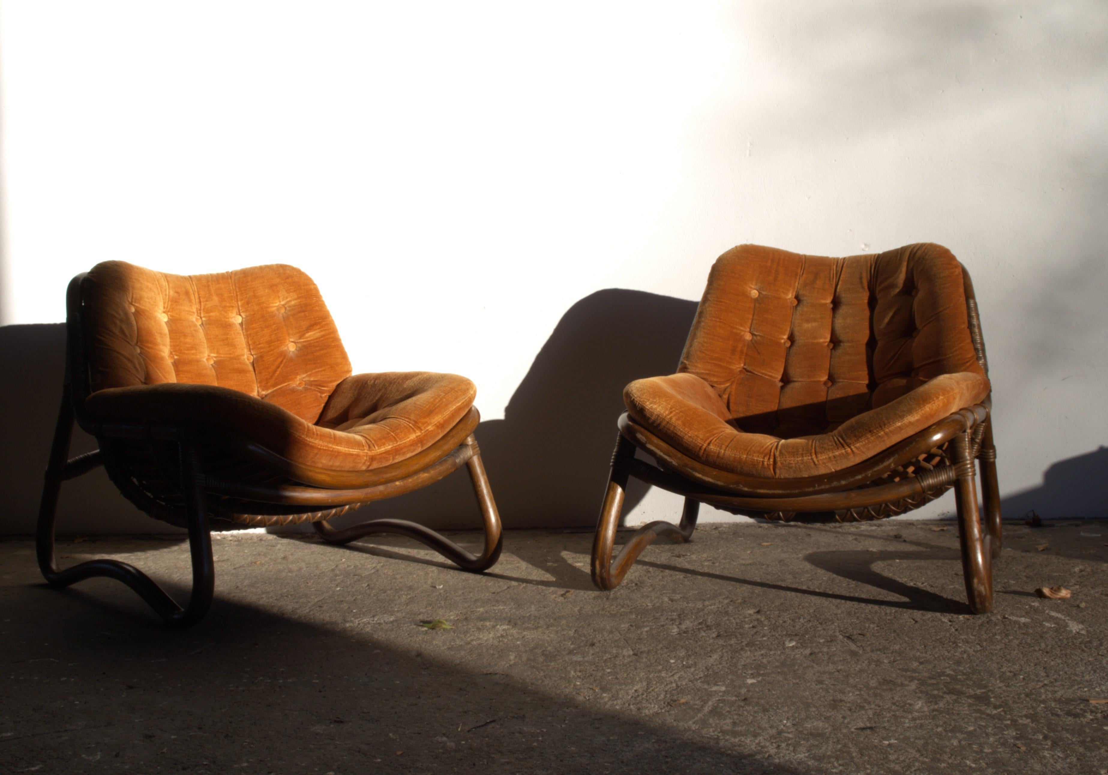 Vintage Bamboo & Velour Lounge Chairs & Ottoman, Denmark, 1970s 11