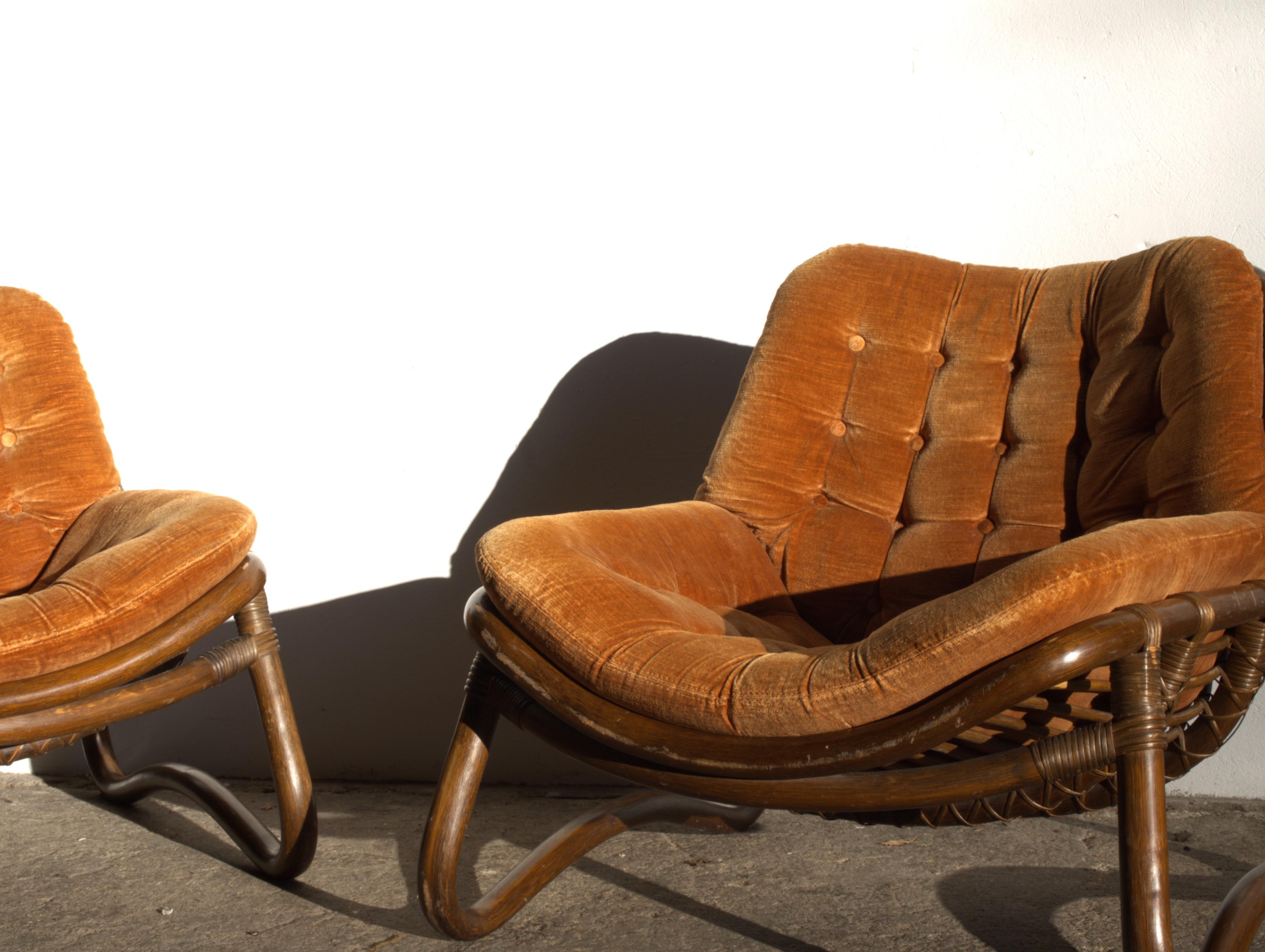 Vintage Bamboo & Velour Lounge Chairs & Ottoman, Denmark, 1970s 12