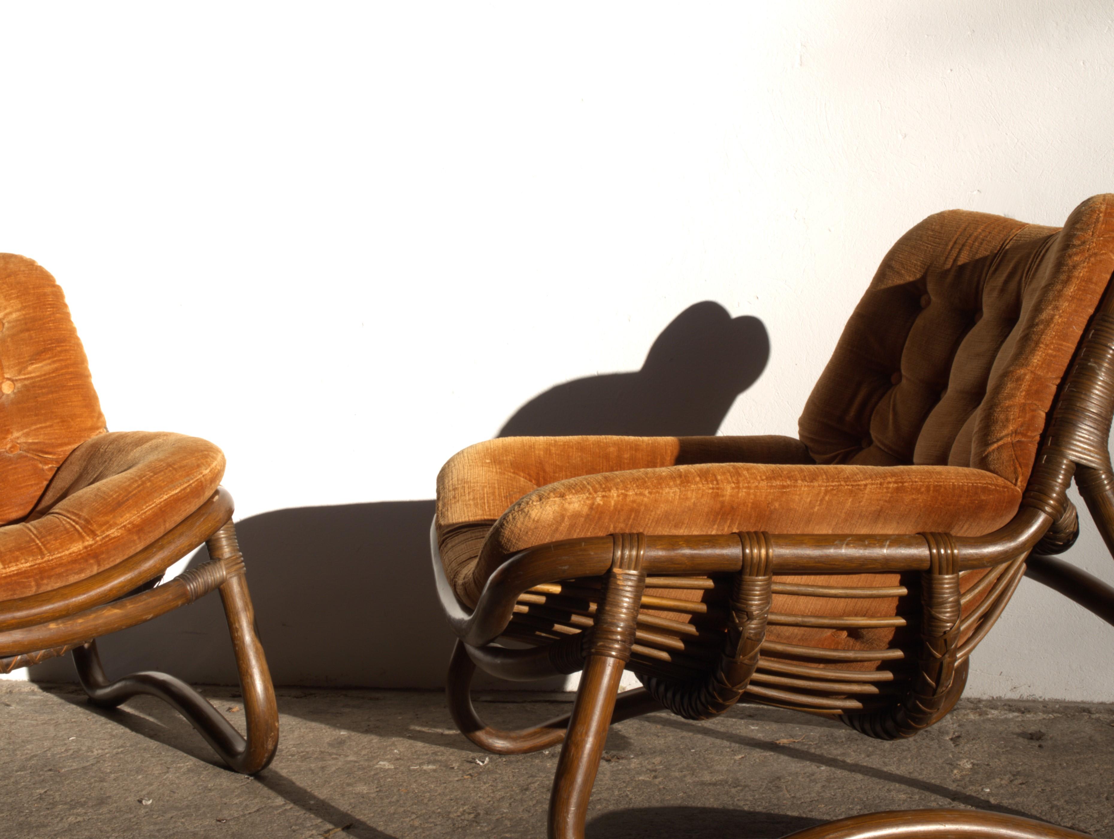 Vintage Bamboo & Velour Lounge Chairs & Ottoman, Denmark, 1970s 13