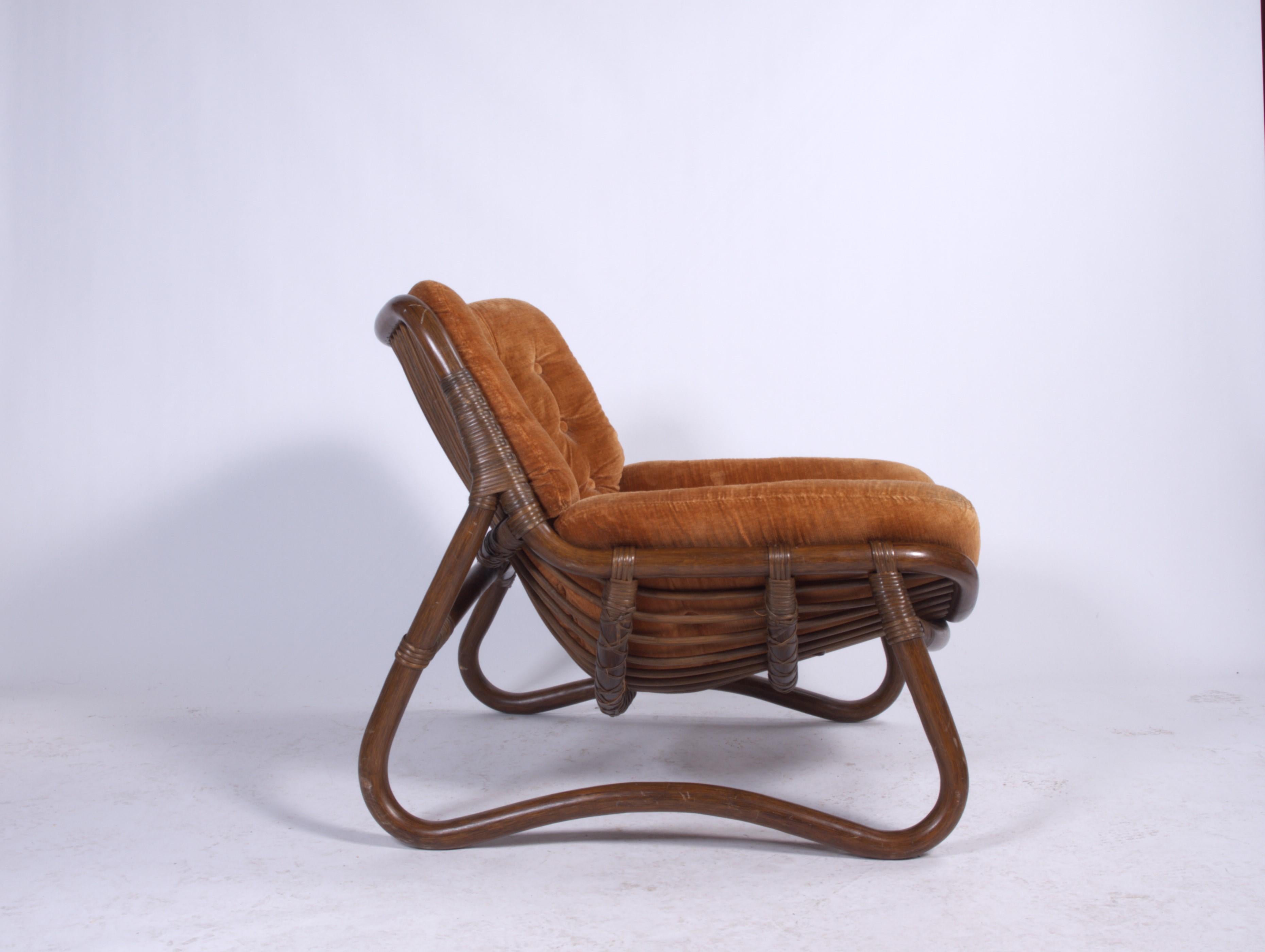 Scandinavian Modern Vintage Bamboo & Velour Lounge Chairs & Ottoman, Denmark, 1970s
