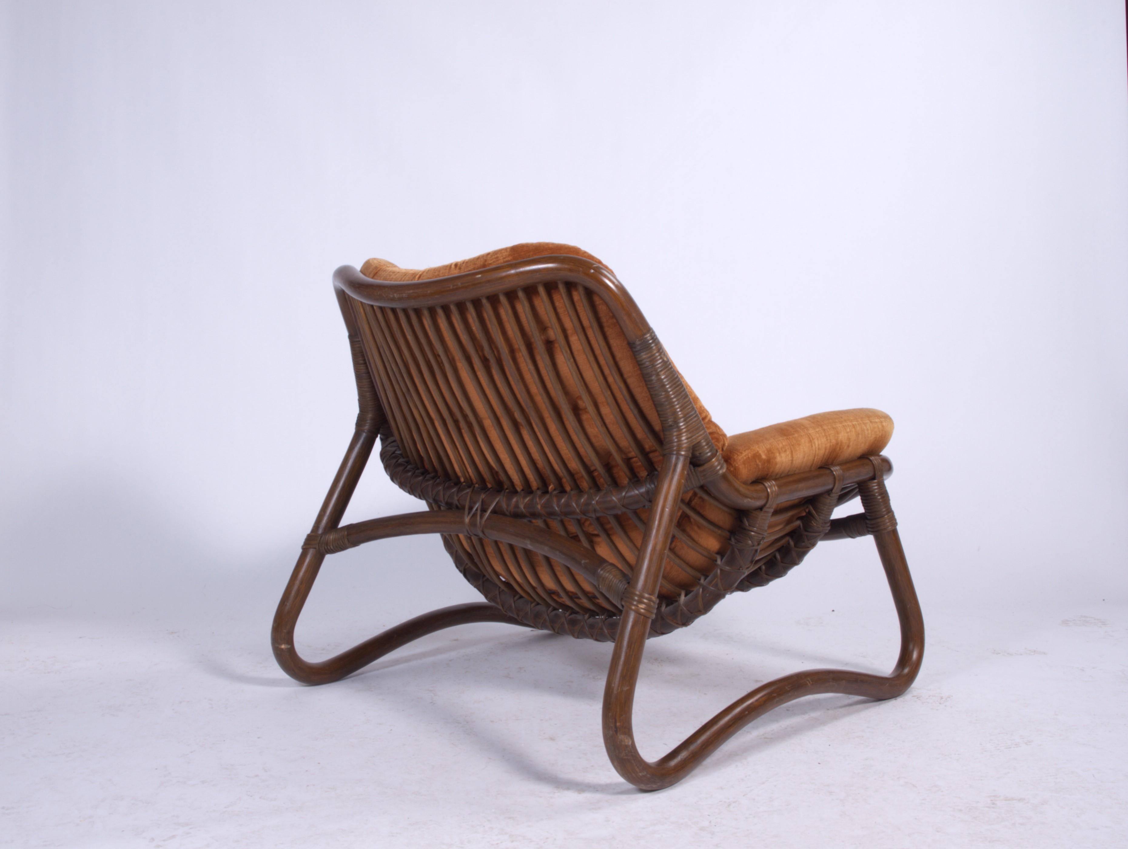 Danish Vintage Bamboo & Velour Lounge Chairs & Ottoman, Denmark, 1970s